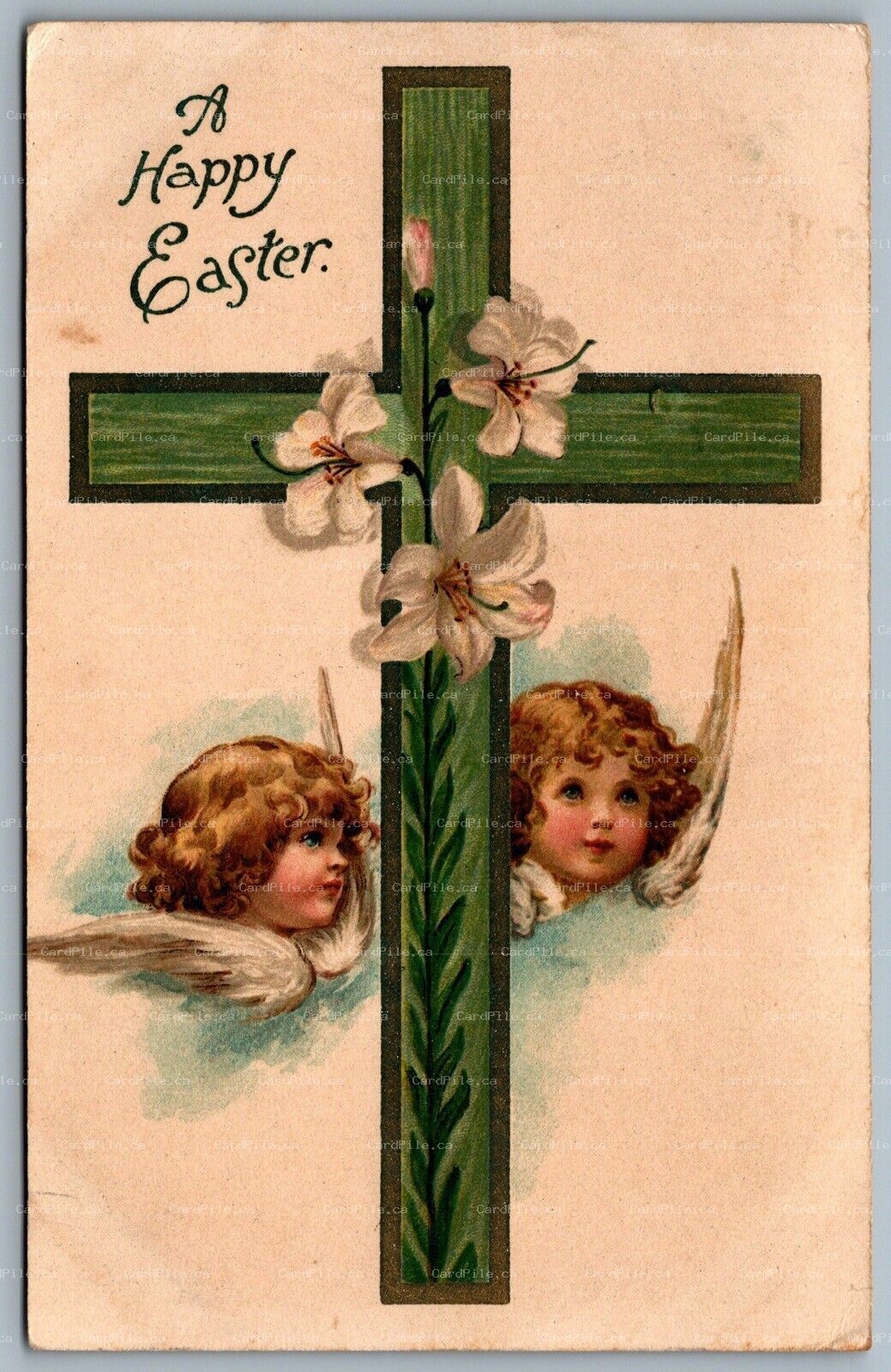 Postcard c1909 A Happy Easter Two Cangels Green Cross Flowers Ernest Nister