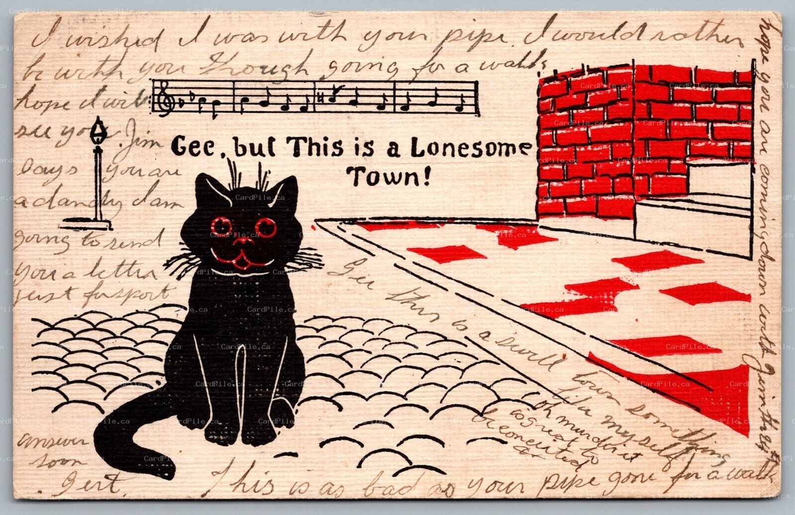 Postcard c1907 Un Signed Artist R. L. Wells Black Lonesome Cat Musical Notes