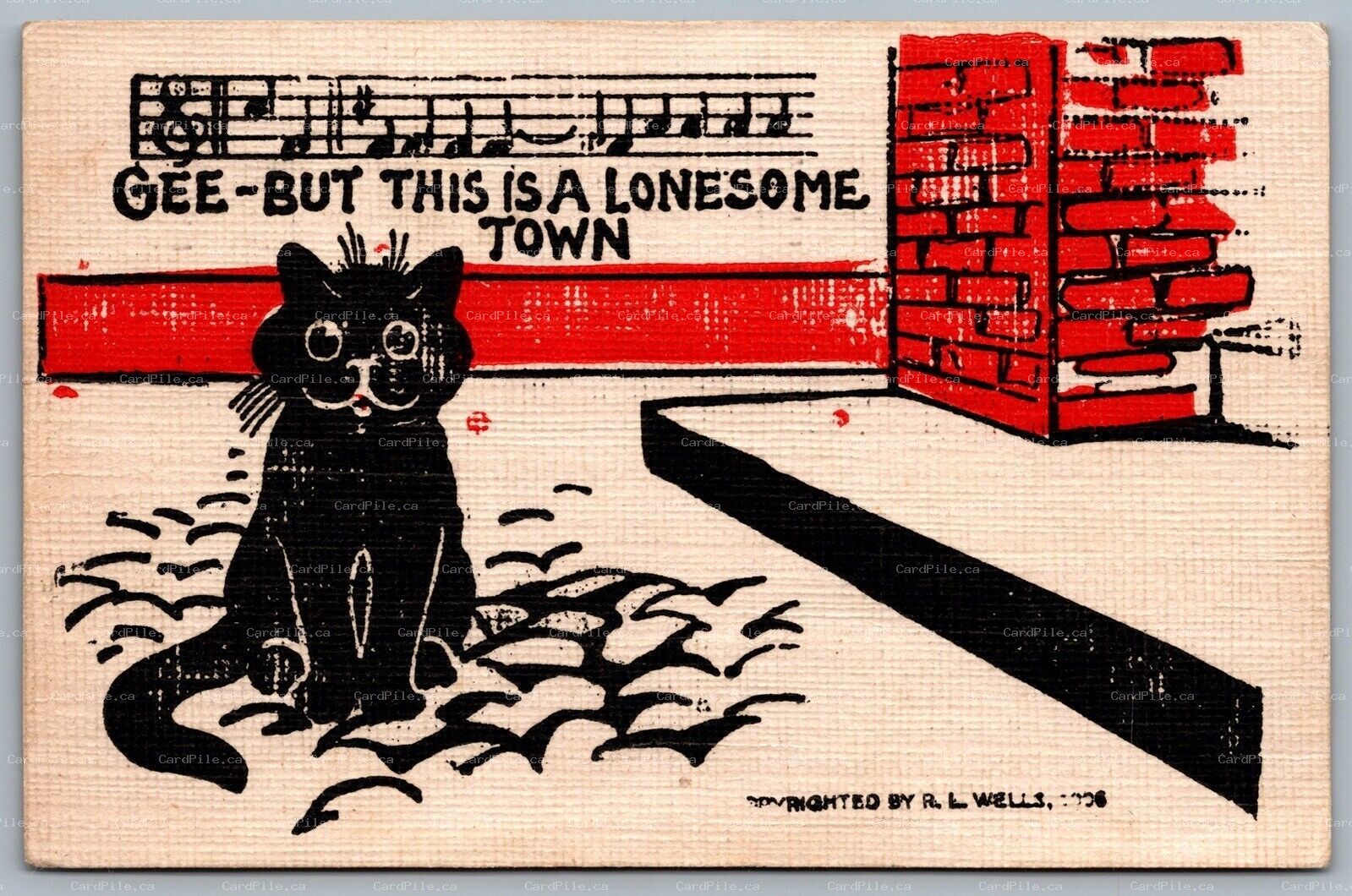 Postcard c1909 Artist Signed R. L. Wells Black Lonesome Cat Musical Notes