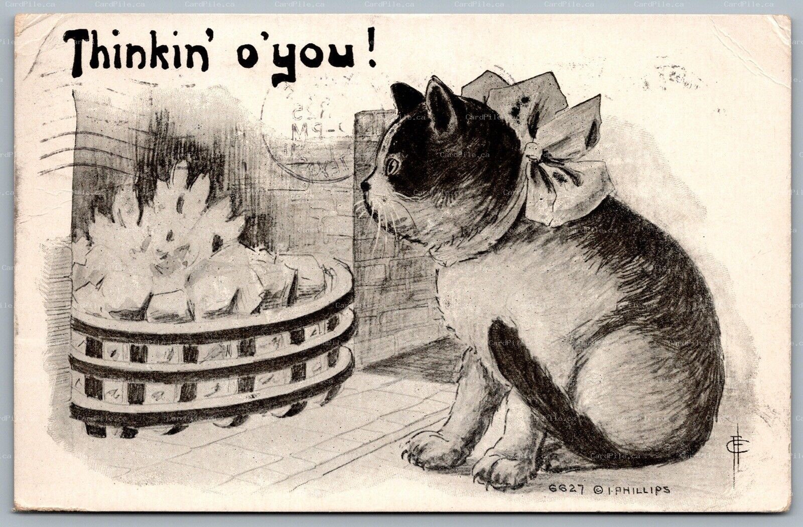 Postcard c1911 Artist Signed Fred L. Cavally Cat With Bow Staring At Fire