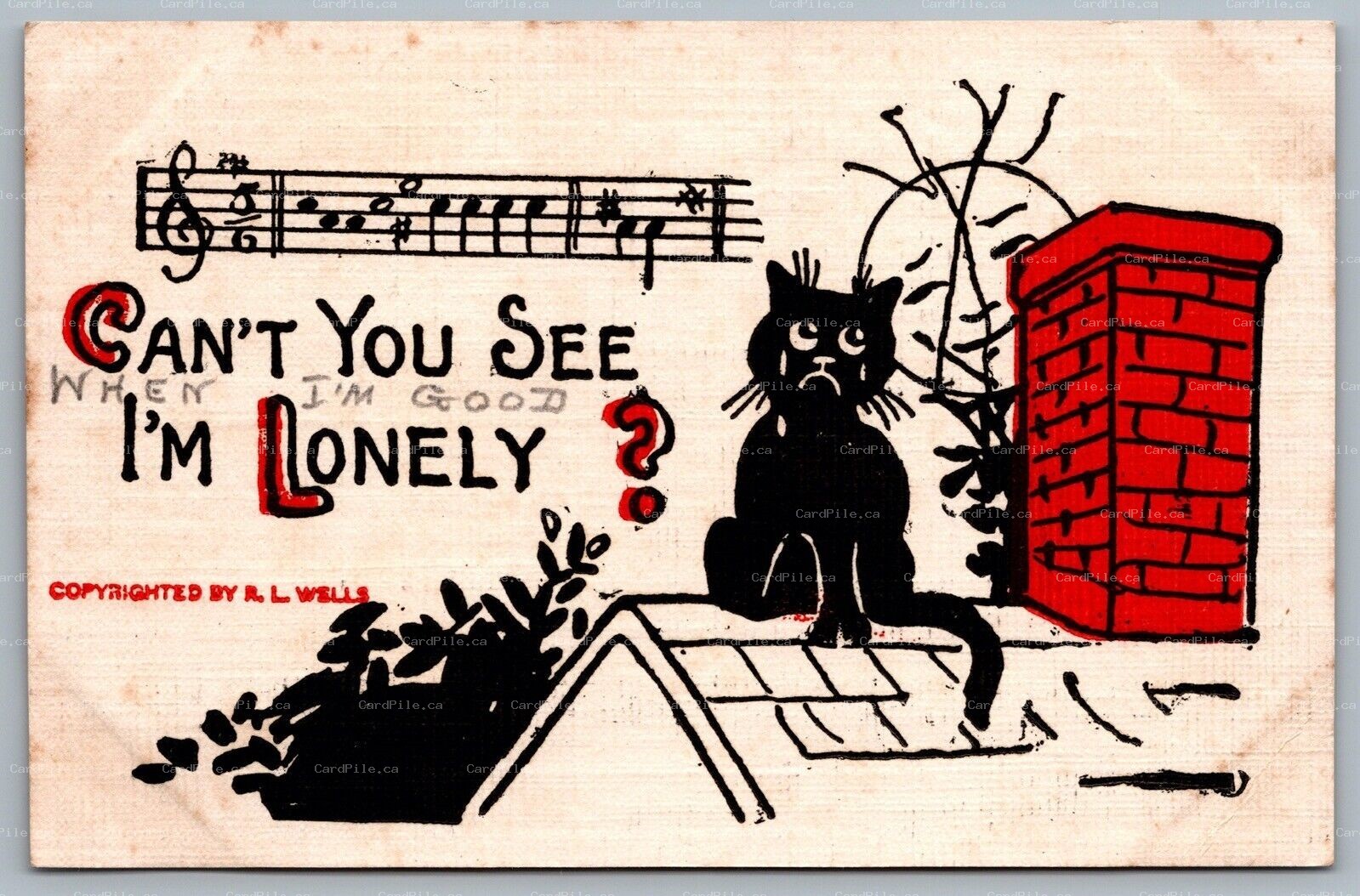 Postcard c1907 Artist Signed R. L. Wells Black Lonesome Cat Roof Musical Notes
