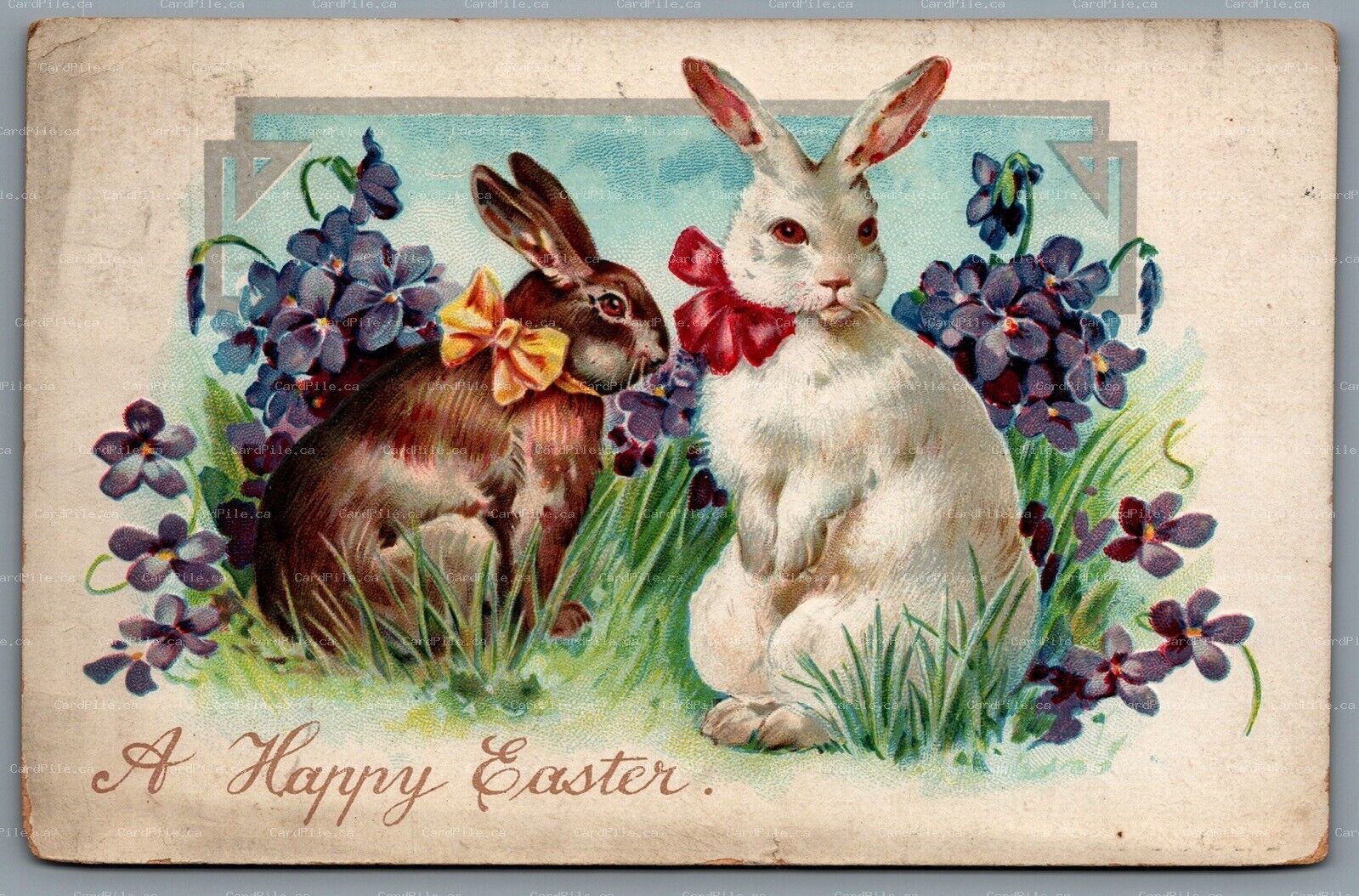 Postcard Easter c1907 Tucks A Happy Easter 2 Rabbits Violets 2 Split Ring Cancel