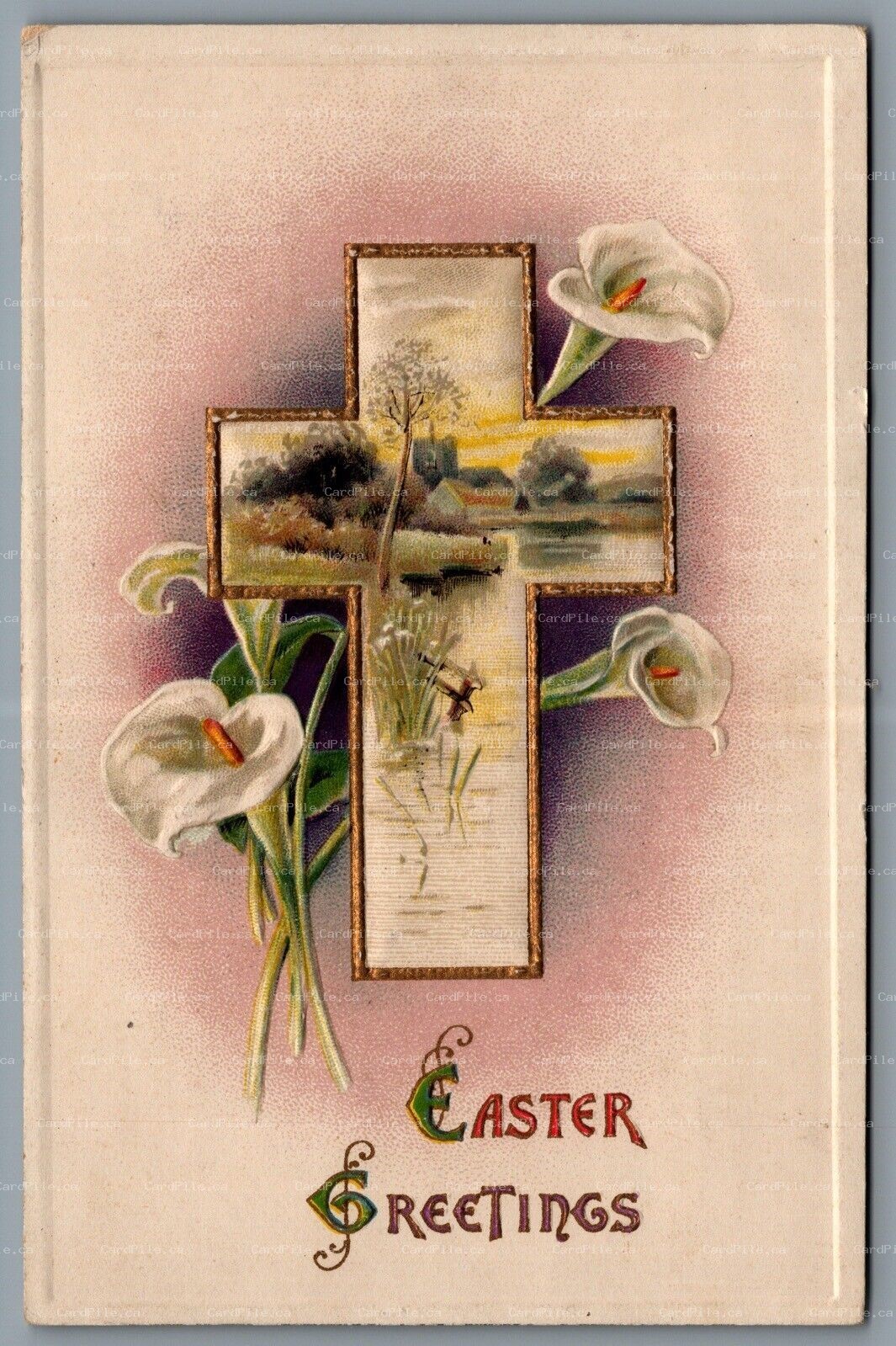 Postcard Easter c1908 Winsch Back Easter Greetings Embossed Cross & Lilies 