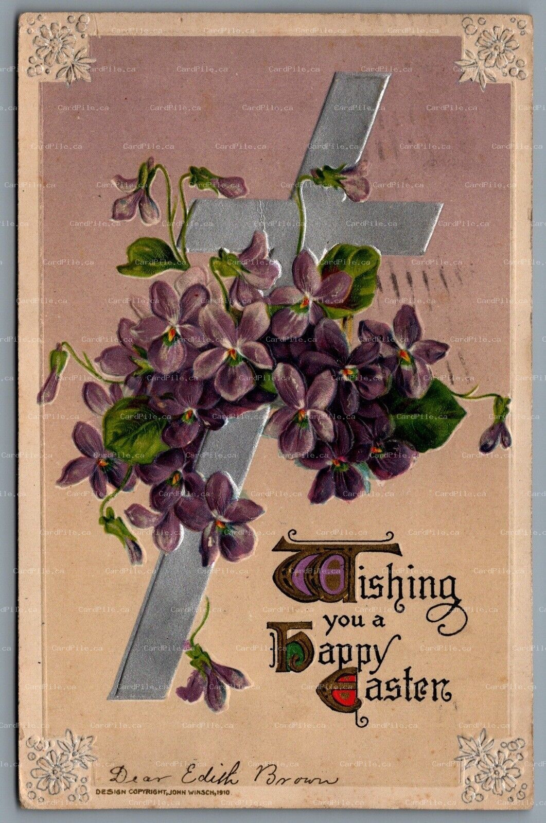 Postcard Easter c1910 John Winsch Wishing You A Happy Easter Cross Violets