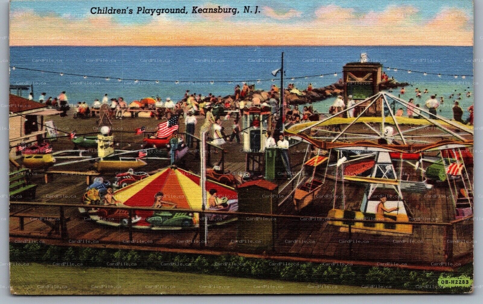 Postcard Keansburg NJ c1940 Childrens Playground Rides American Flag Ocean