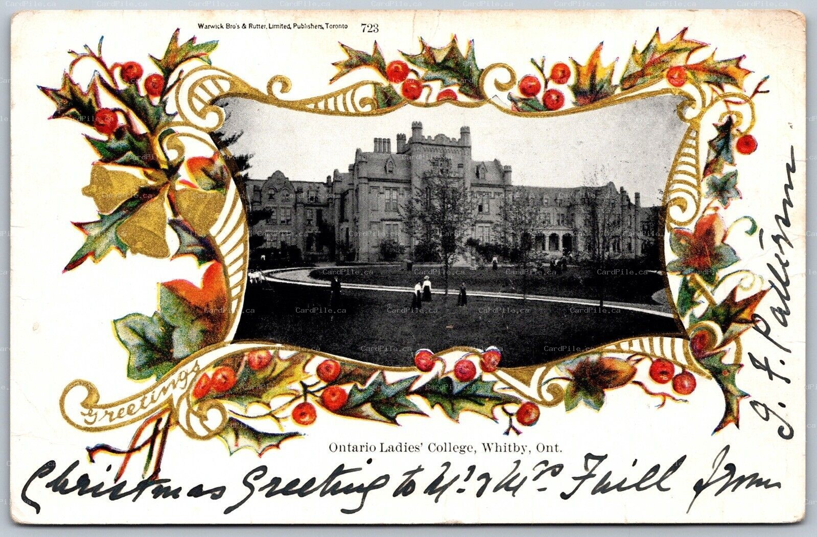Postcard Whitby Ontario c1904 Ontario Ladies College Christmas Greetings Border