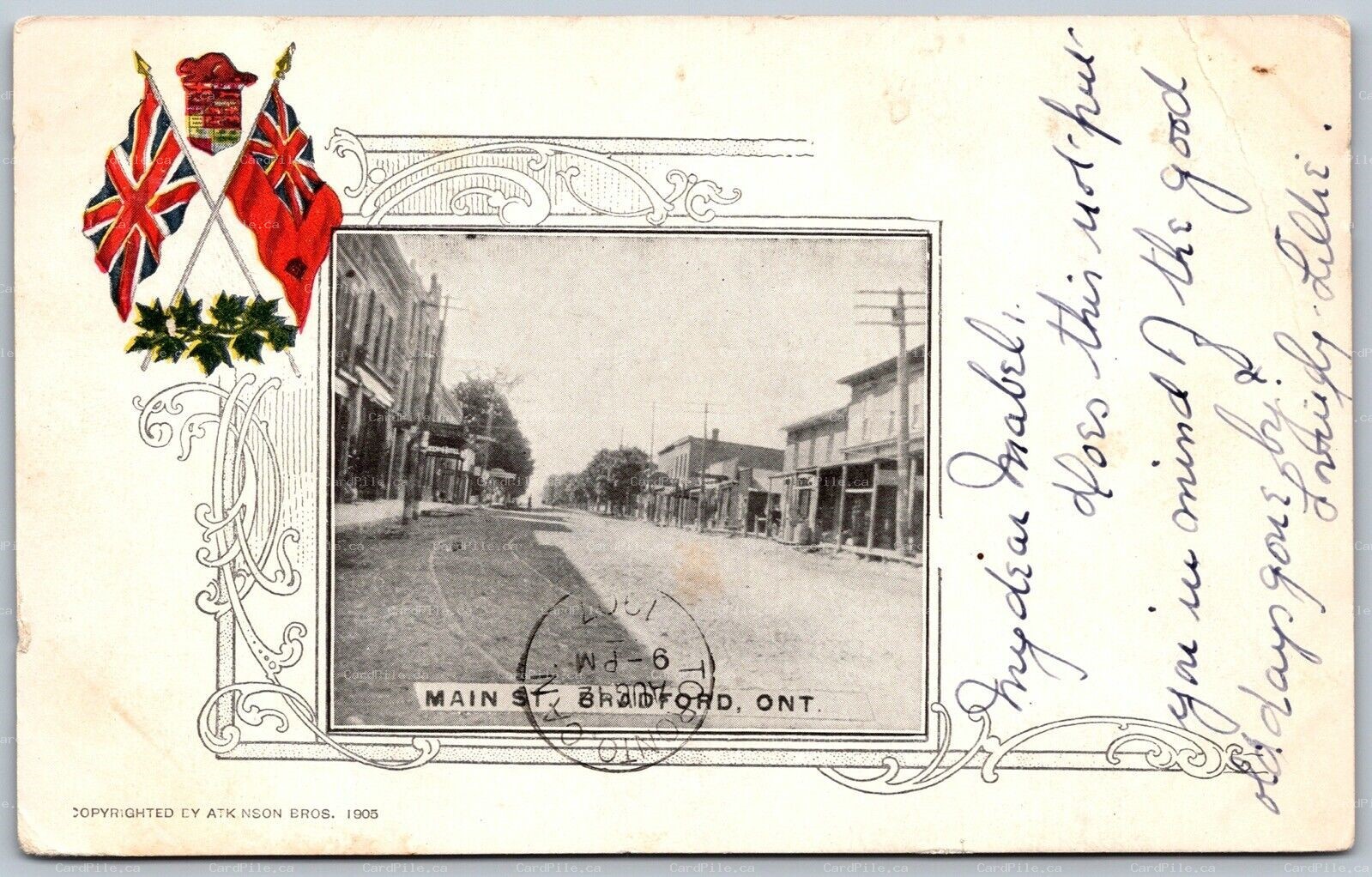 Postcard Bradford Ontario c1907 Main St Patriotic Flags by Atkinson Bros.