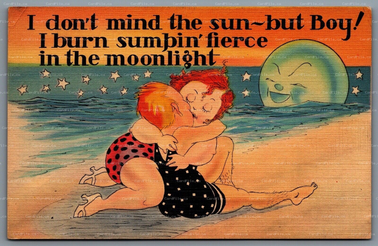 Postcard c1940s I Don’t Mind The Sun But Boy I Burn Sumbin Fierce In Moonlight