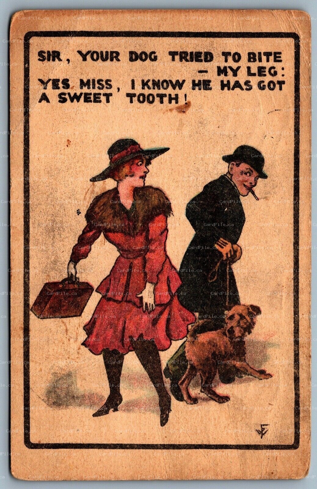 Postcard c1921 Sir Your Dog Tried To Bite My Leg Arist Signed FW or WF Hand Tint