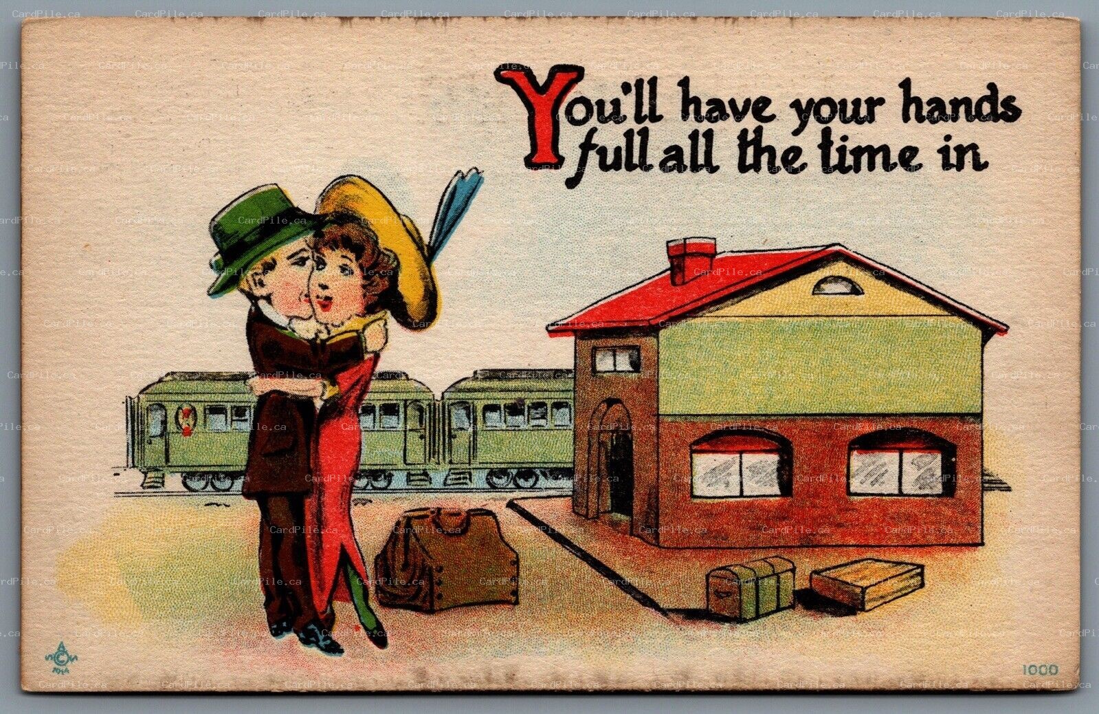 Postcard 1914 You’ll Have Your Hands Full All The Time In Railroad Station Train