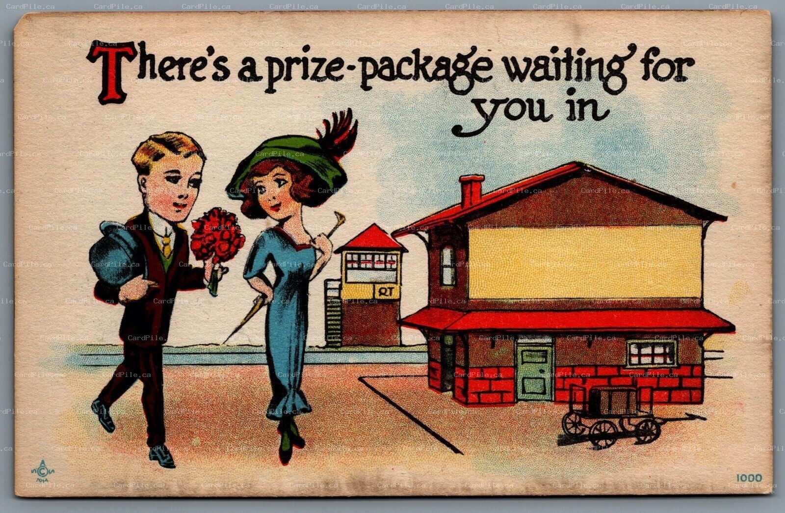 Postcard c1914 There’s A Prize Package Waiting For You In Railroad Station Train