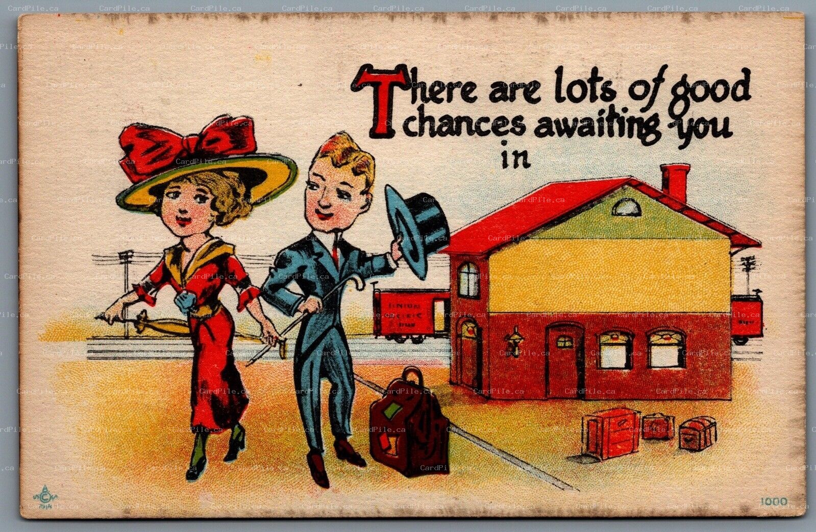 Postcard c1914 There are Lots Of Good Chances Awaiting In Railroad Station Train