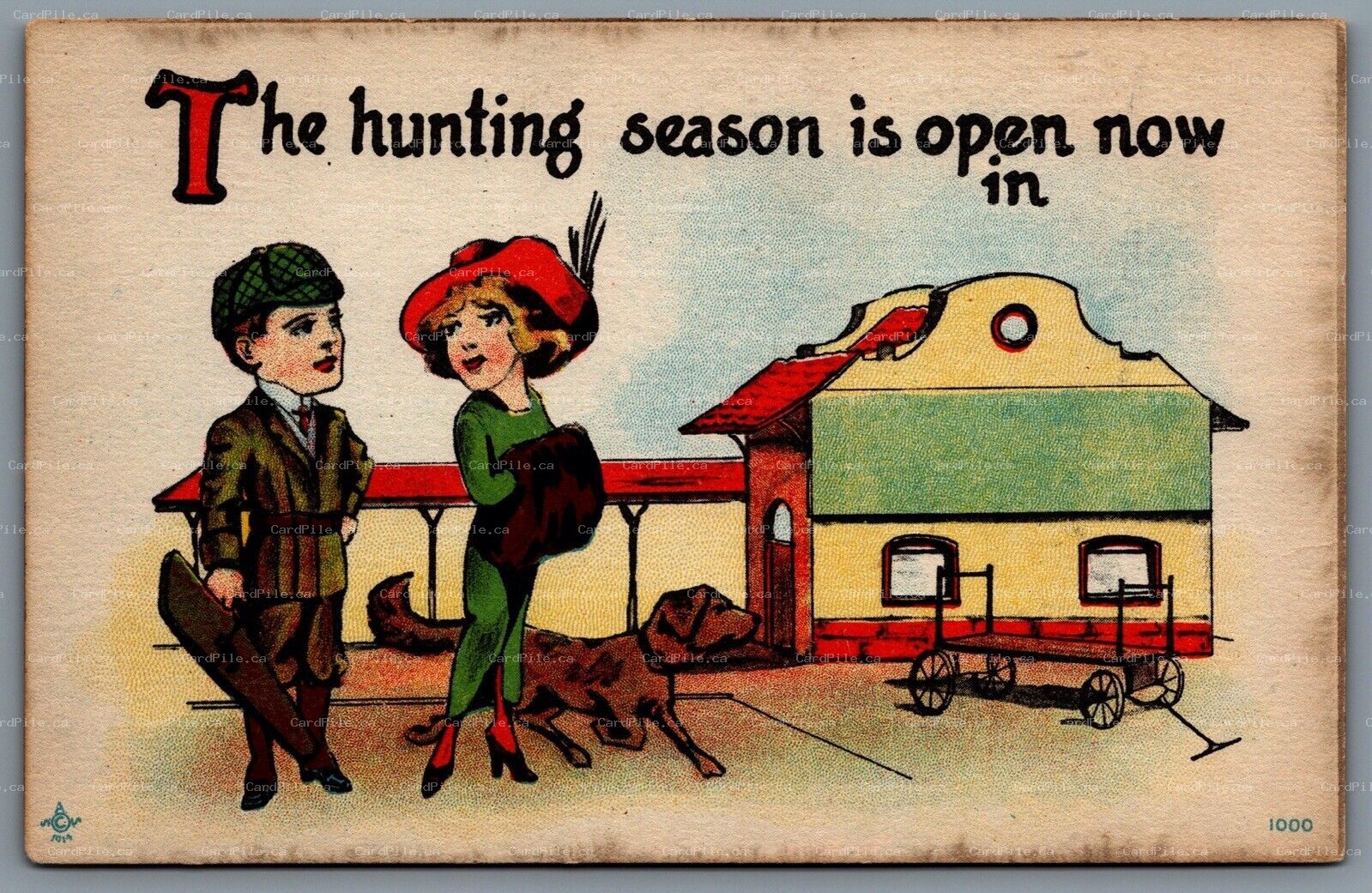 Postcard c1914 The Hunting Season Is Open Now In Railroad Station Train