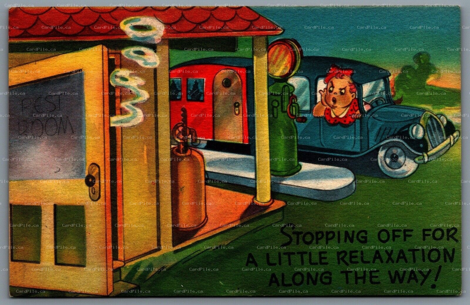Postcard c1954 Stopping Off For A Little Relaxation Gas Station Camper Smoking