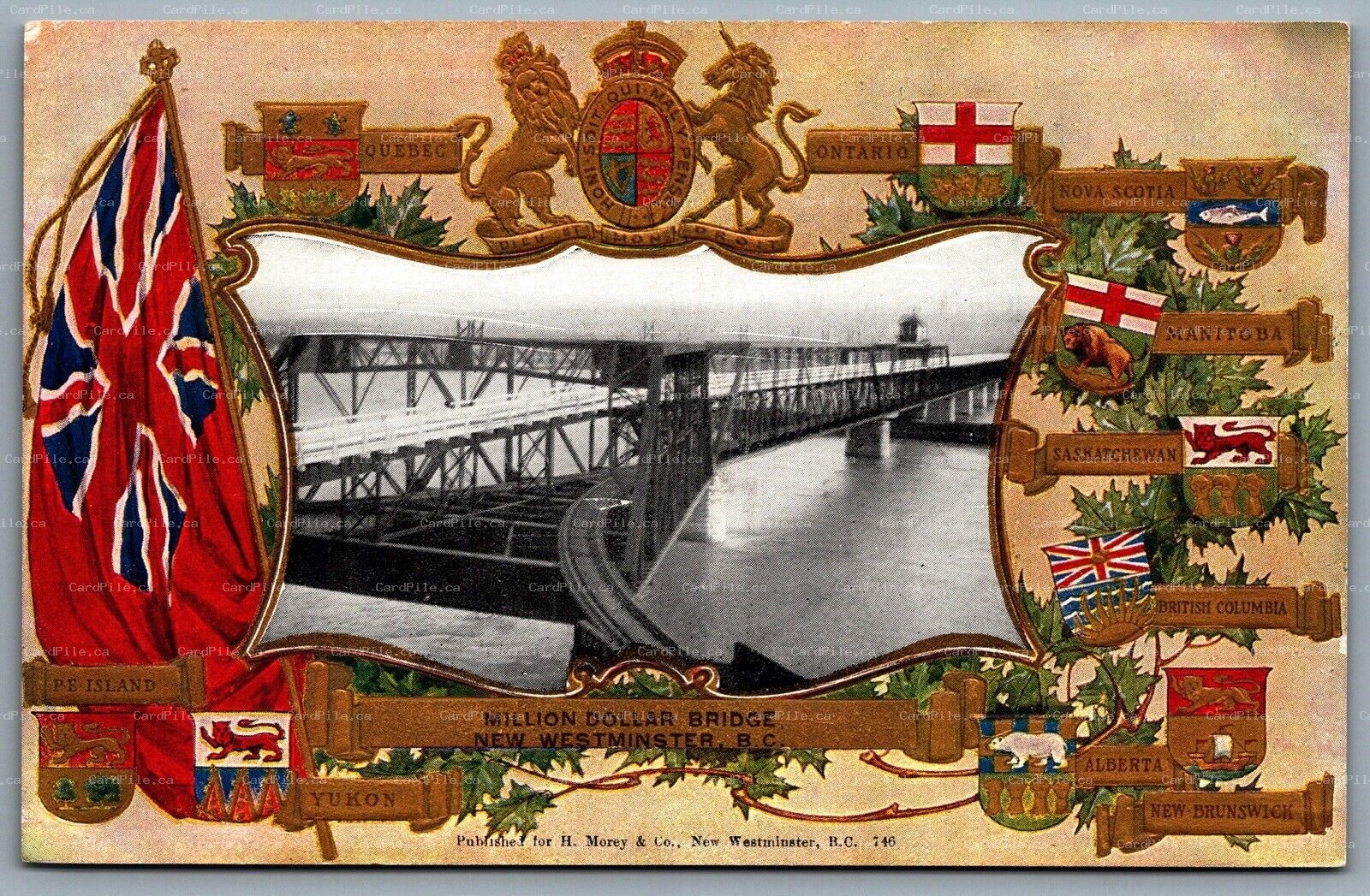 Postcard New Westminister BC c1907 Million Dollar Bridge Patriotic Coat of Arms