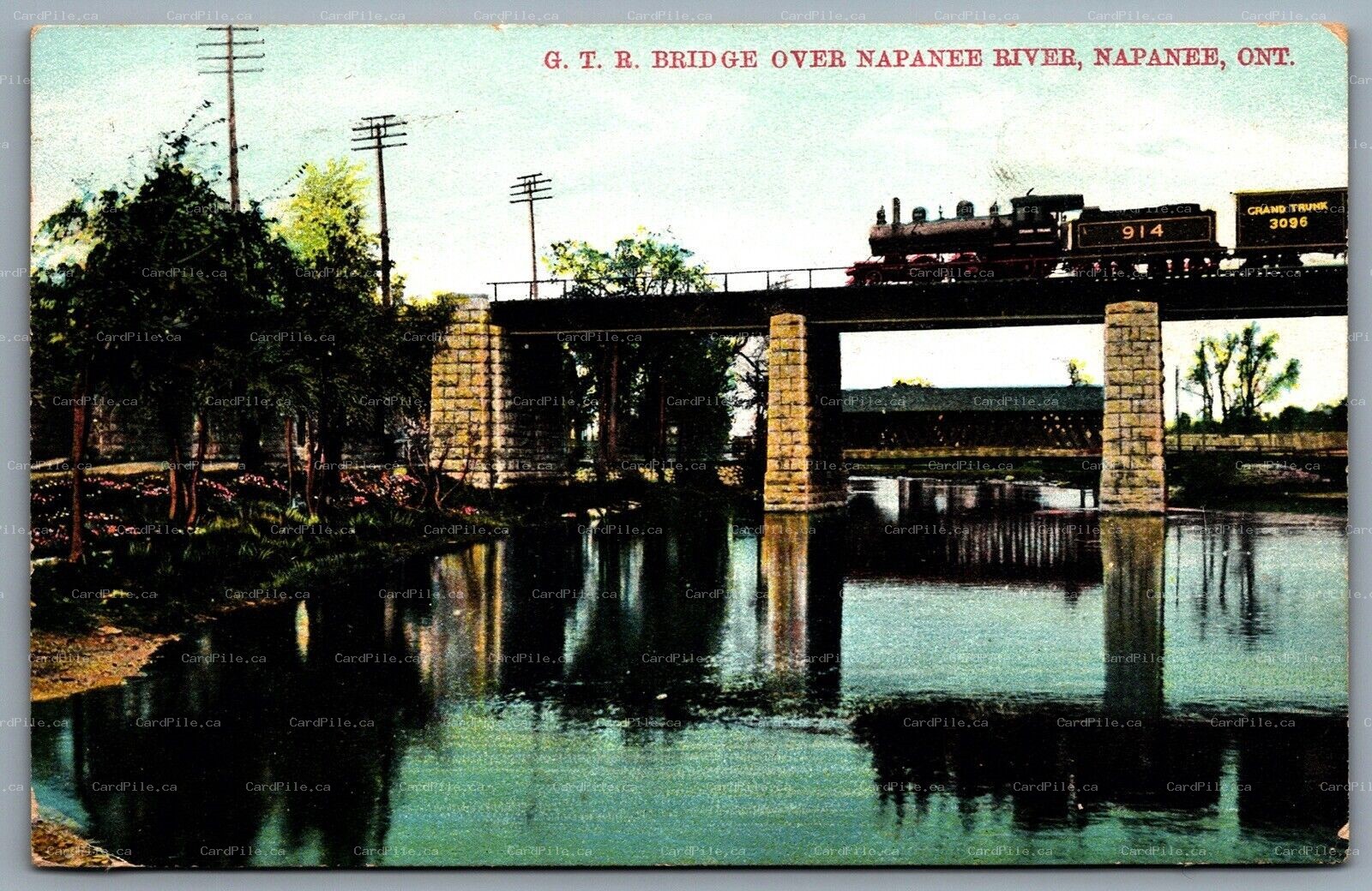 Postcard Napanee ONT 1909 GTR Bridge Over River Dixon's Corners Irena Split Ring