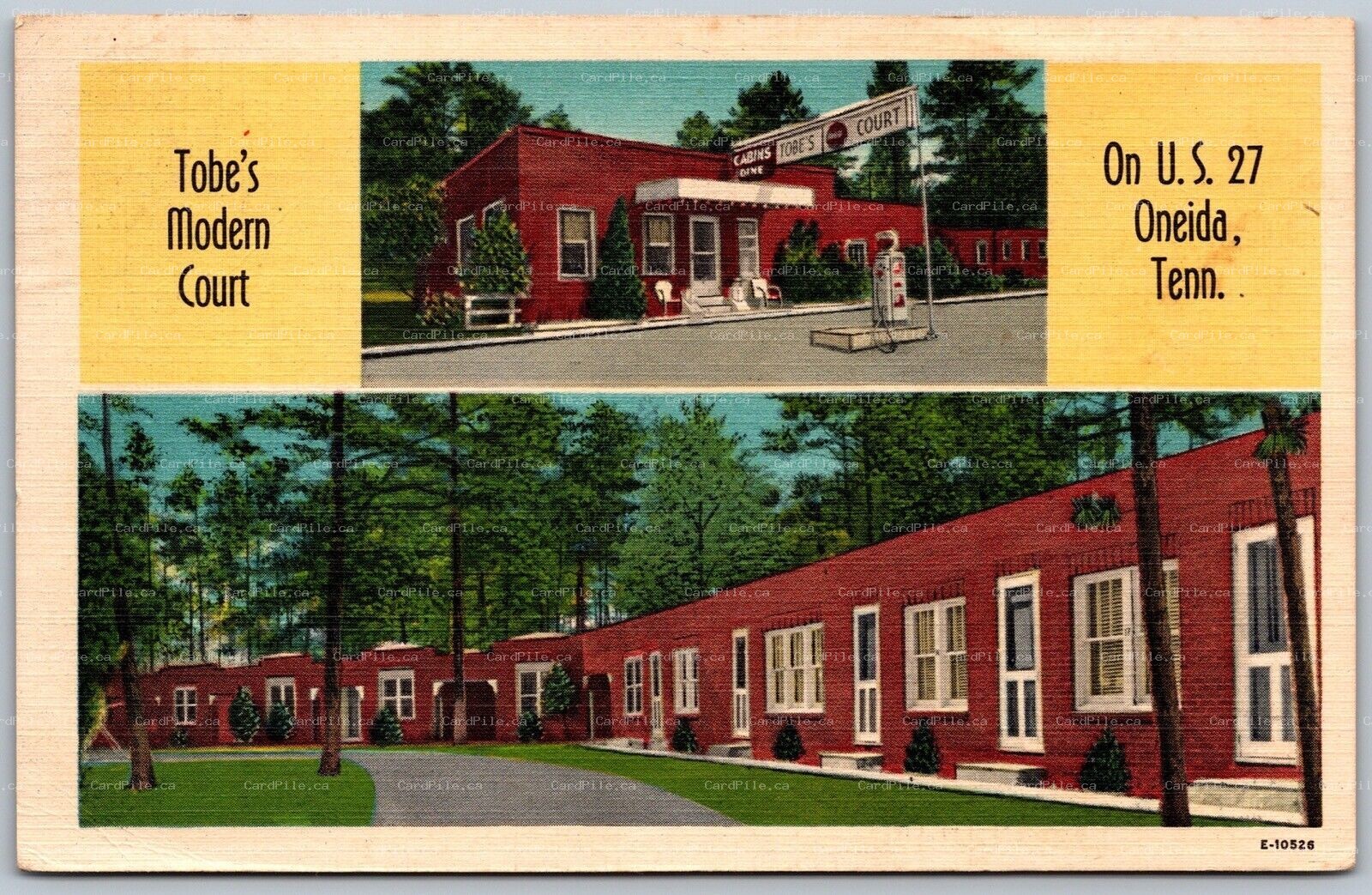Postcard Oneida Tennessee c1950 Tobe’s Modern Court Dual View Gas Pump U.S. 27