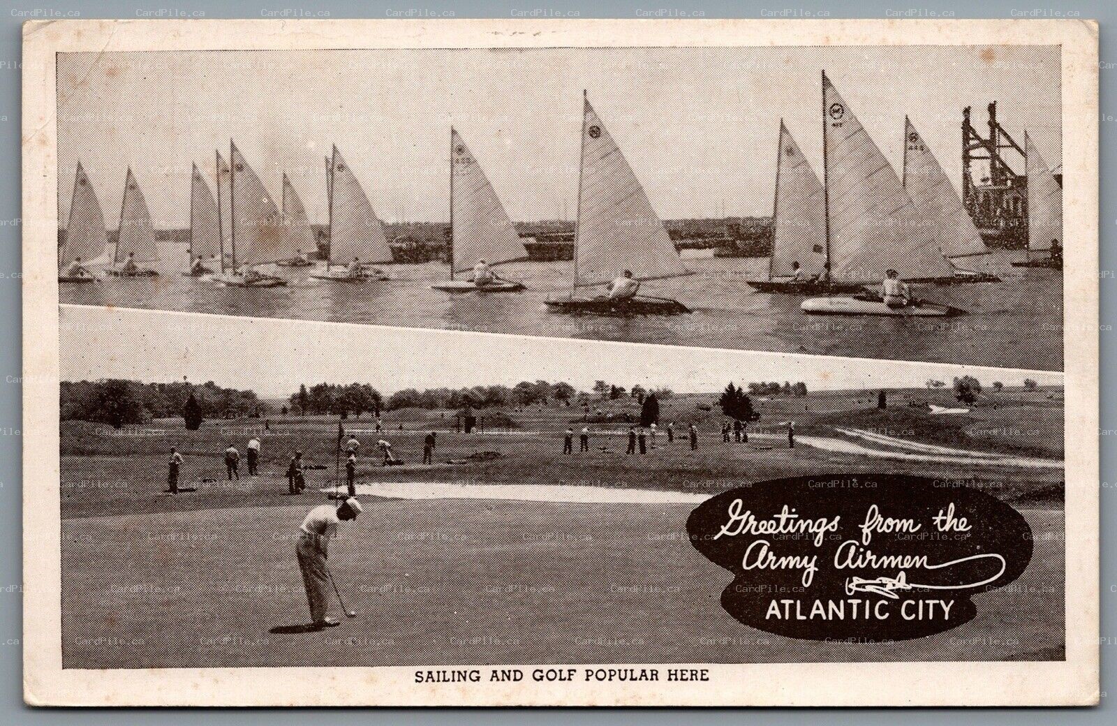 Postcard Atlantic City NJ c1940s Greetings From The Army Airmen Sailing & Golf