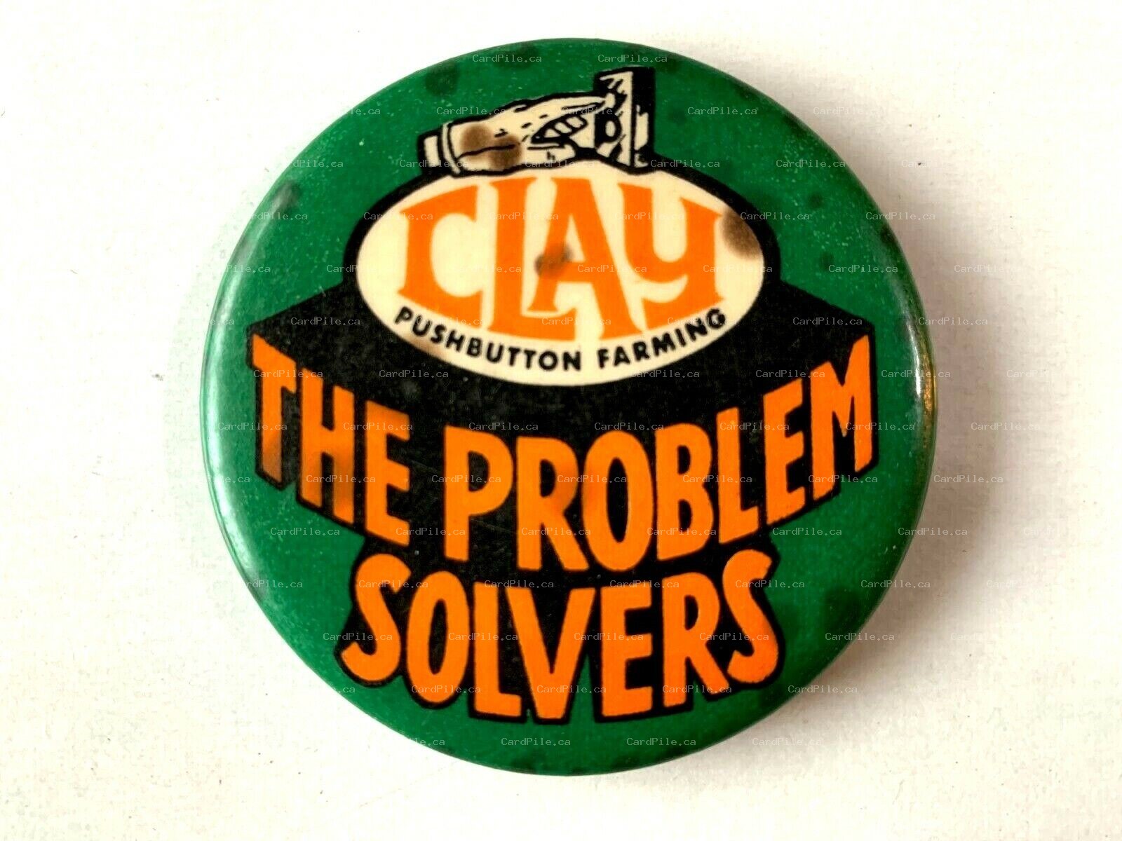 VINTAGE 1970s Clay Pushbutton Farming - The Problem Solvers Pinback Button