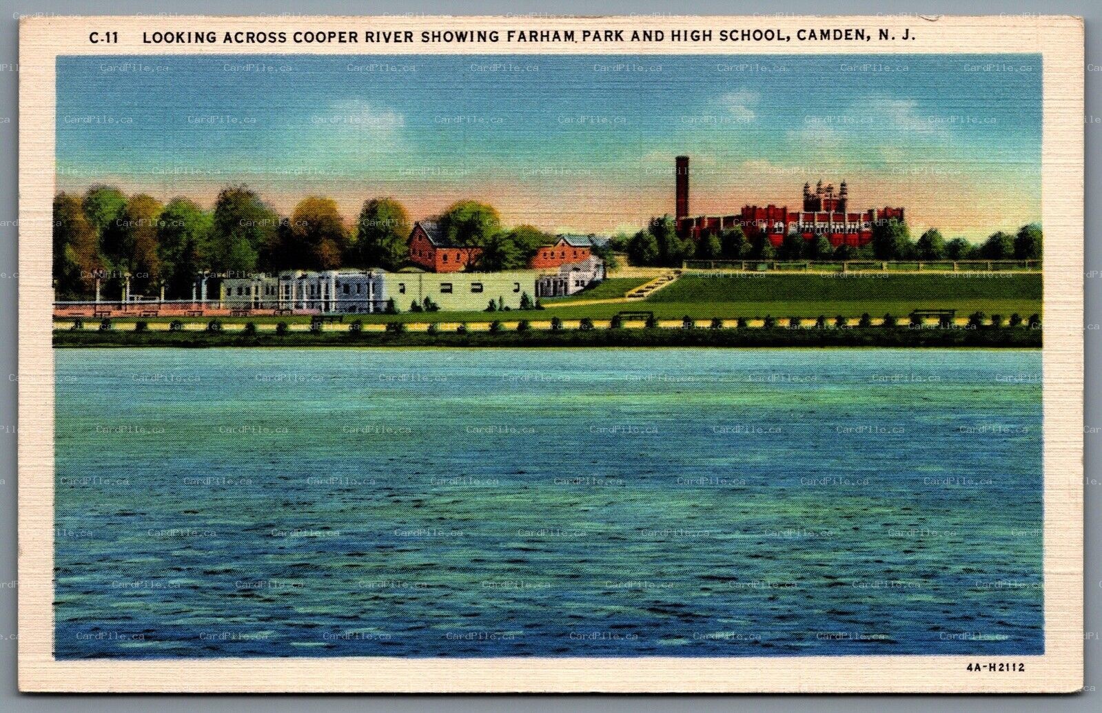 Postcard Camden NJ 1934 Looking Across Cooper River Showing Farham Park & School