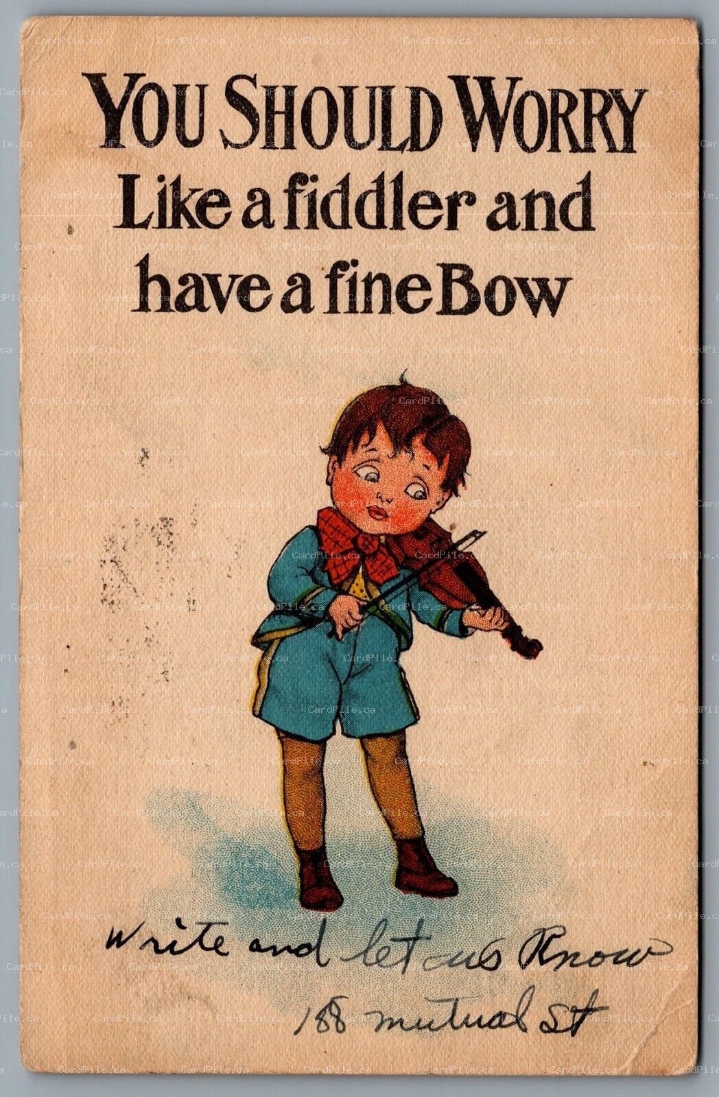 Postcard c1914 You Should Worry Like a Fiddler and Have A Fine Bow Solomon Bros