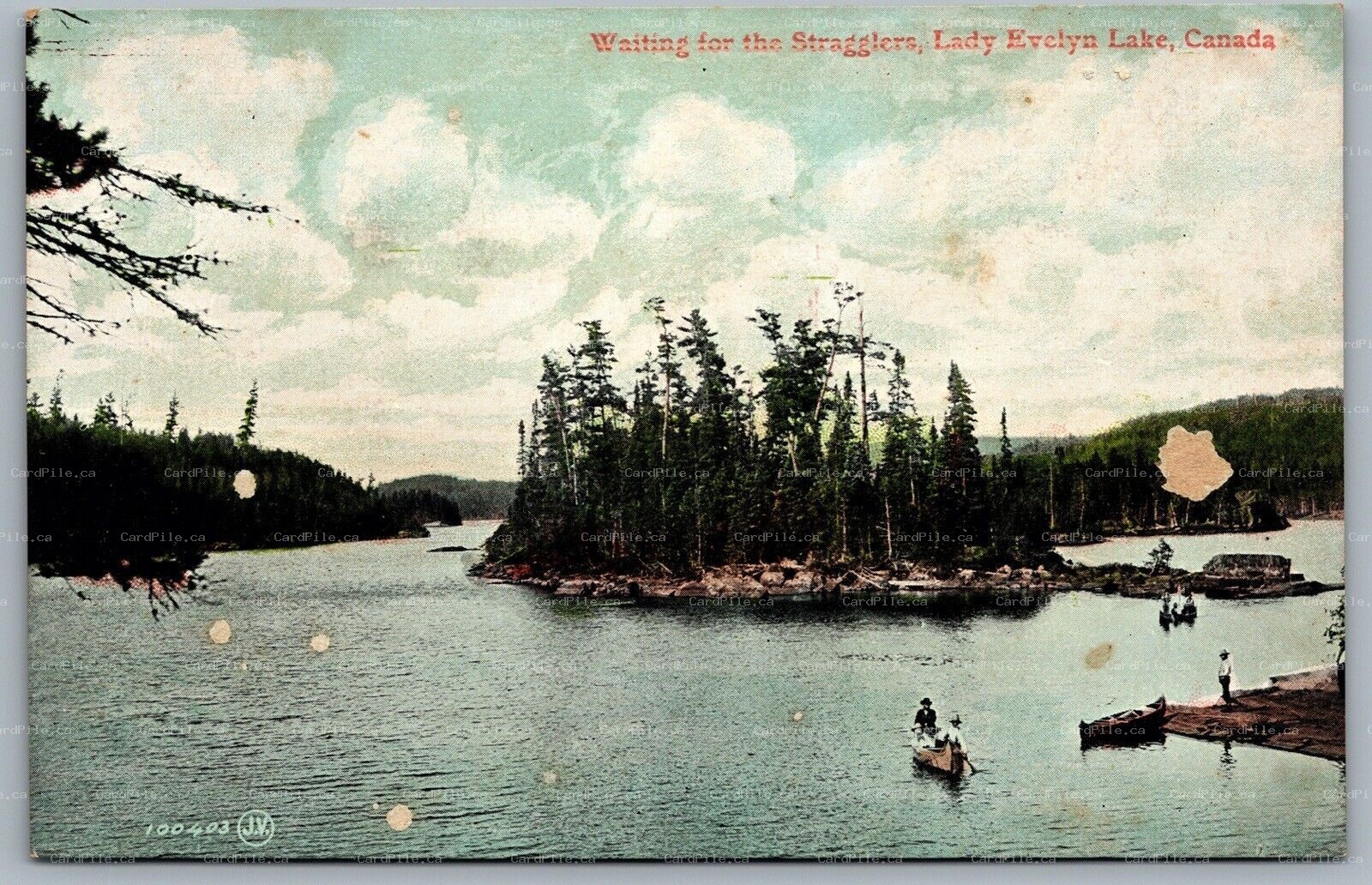 Postcard Timiskaming ONT c1908 Waiting For Stragglers Lade Evelyn Lake Canoes