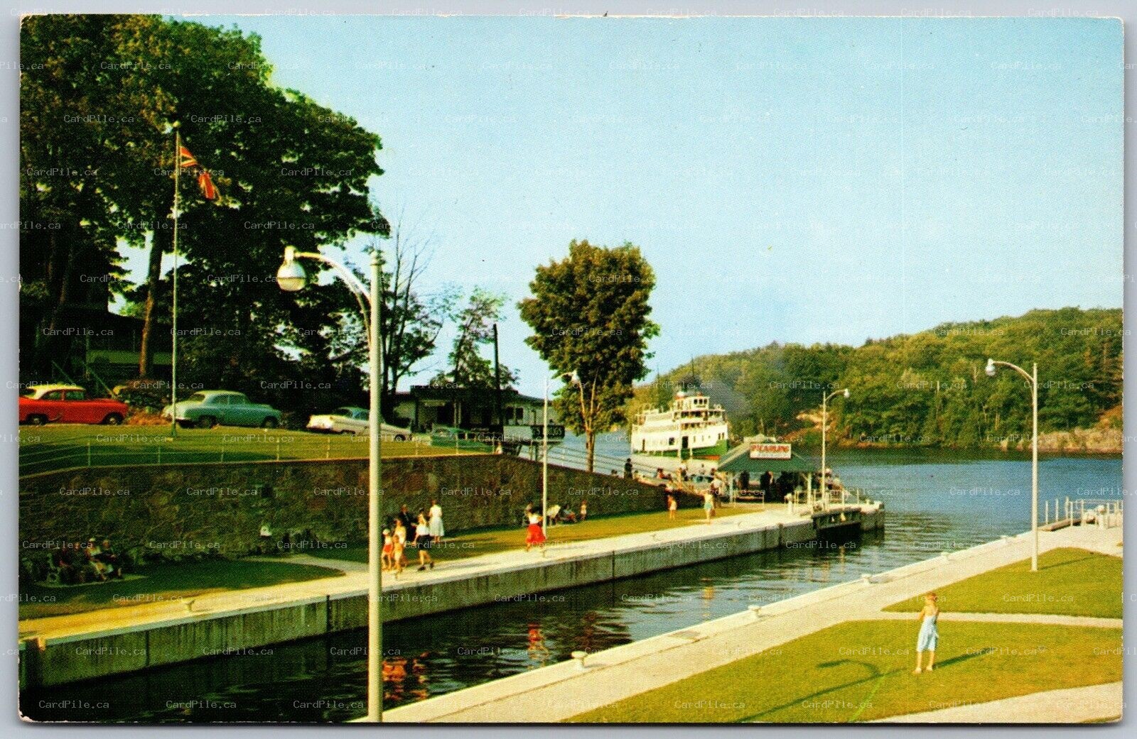Postcard Port Carling Ontario c1960s The Locks Muskoka Old Cars Steamer Ferry