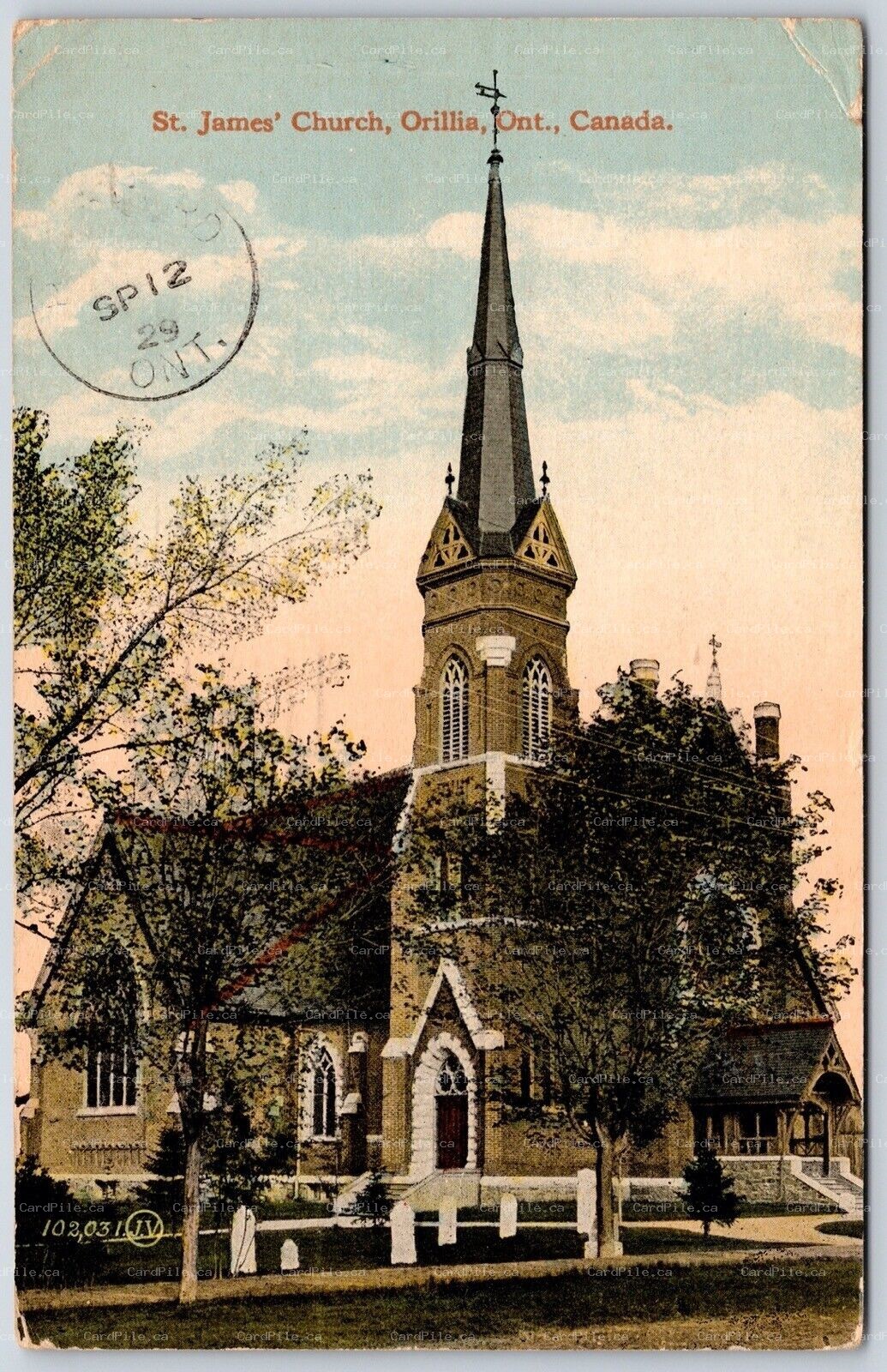Postcard Orillia Ontario c1929 St. James Church Simcoe County Slogan Cancel
