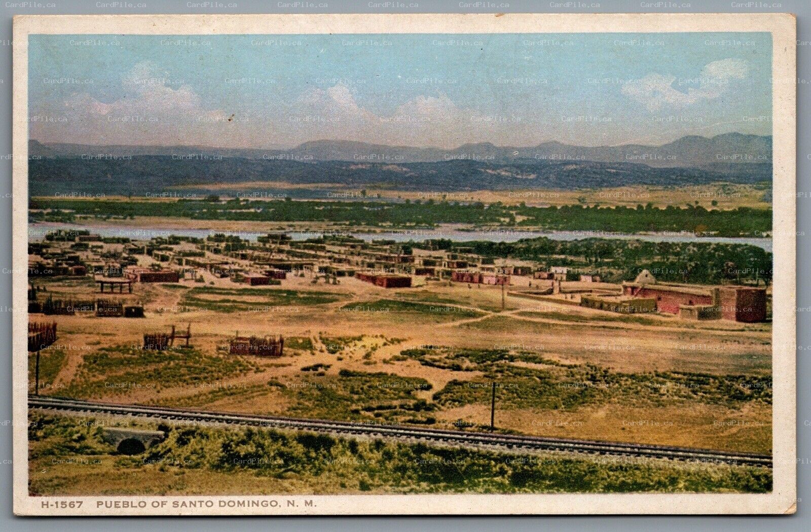 Postcard Pueblo of Santo Domingo NM c1920s Fred Harvey Railroad Rio Grande River