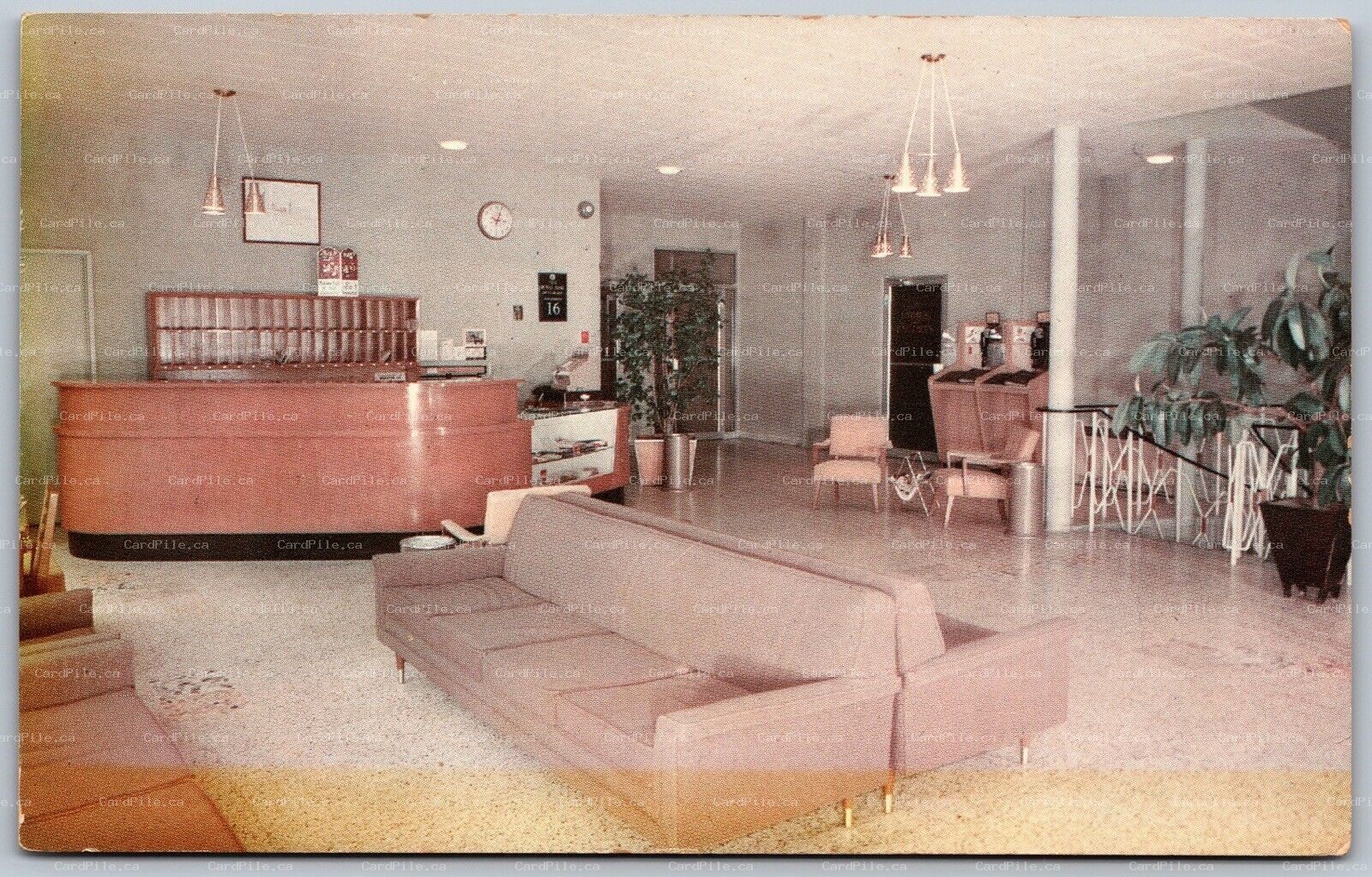 Postcard Simcoe Ontario 1960s Norfolk Hotel Interior View of Lobby MCM Furniture