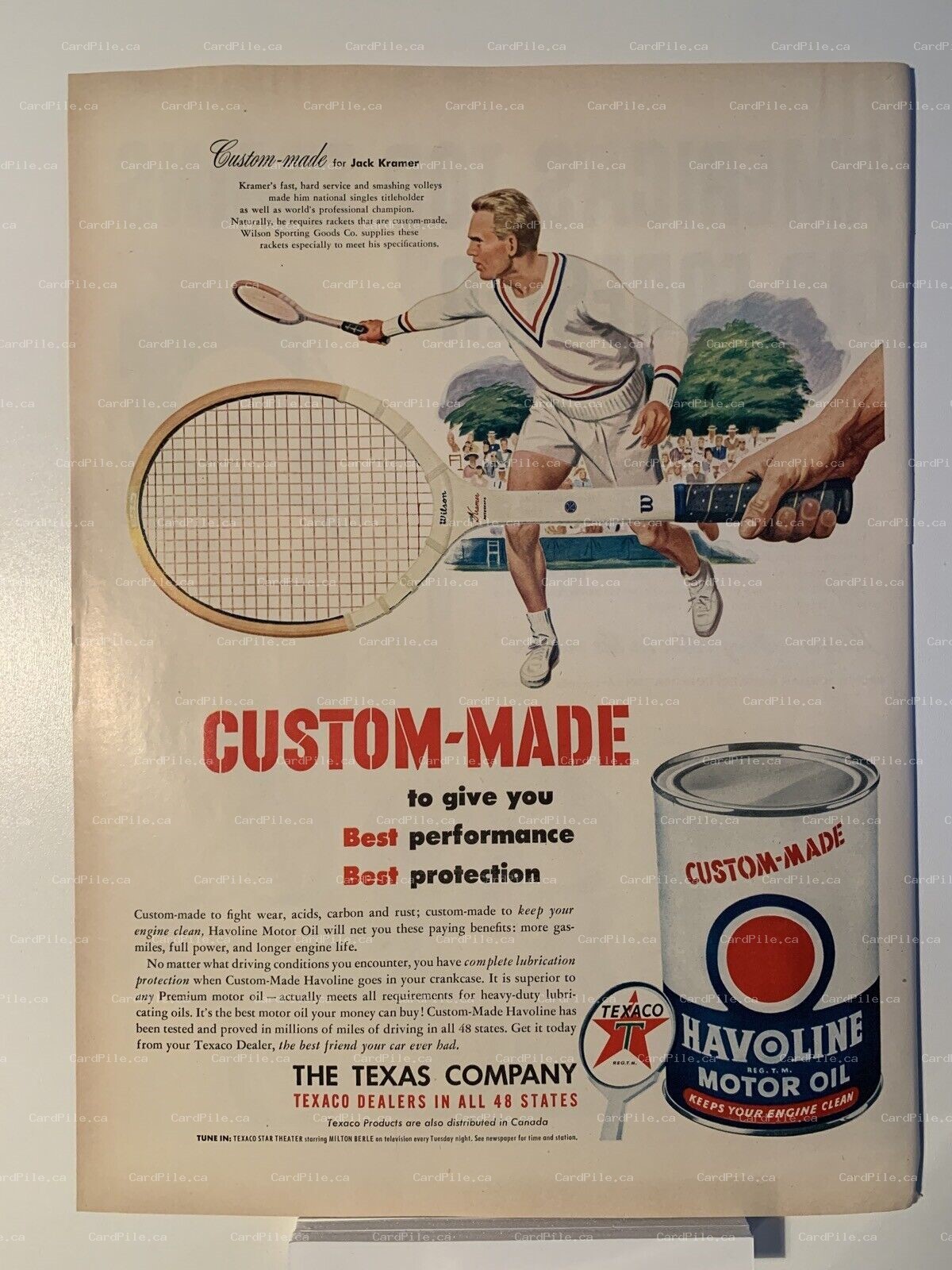 1950 Havoline Motor Oil - Tennis Star Jack Kramer - Texaco - Magazine Ad