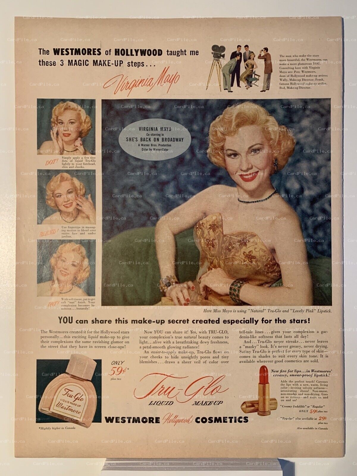 1953 Westmore Cosmetics Tru Glo Liquid Makeup Virginia Mayo - Magazine Ad
