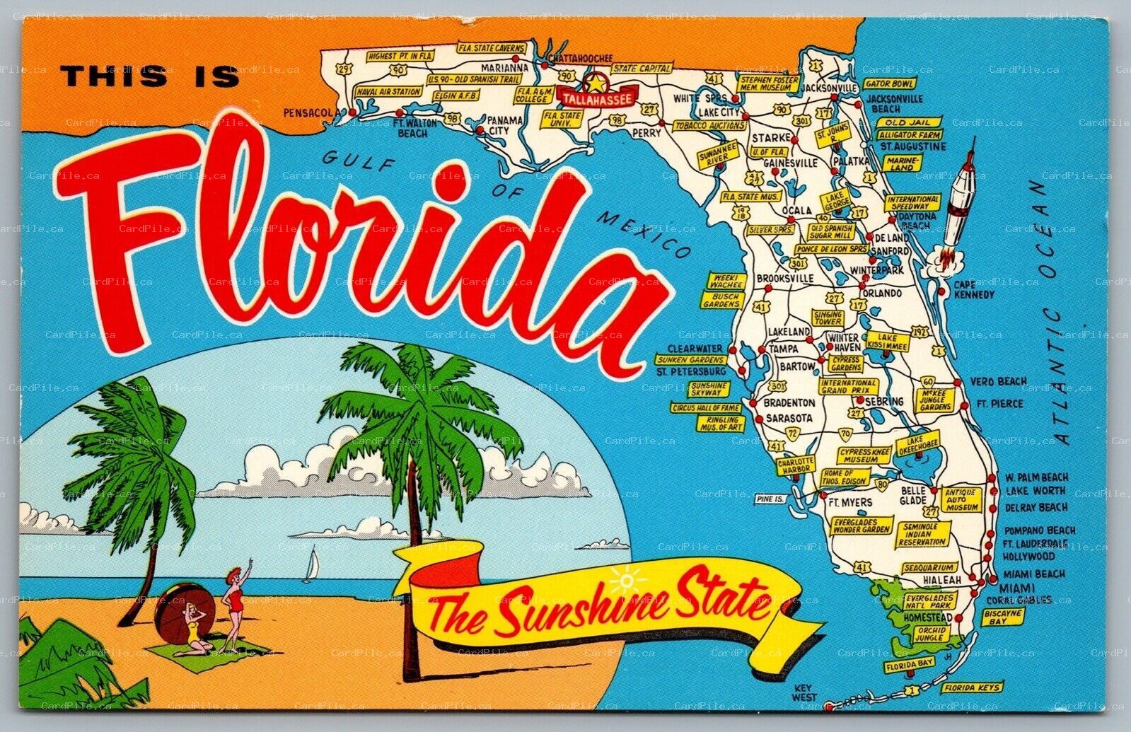 Postcard c1960s This Is Florida Map The Sunshine State Landmarks Beaches Mapcard