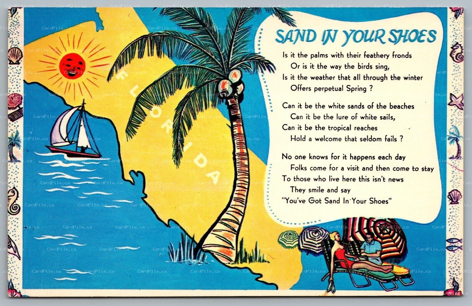 Postcard c1950s Florida Sand In Your Shoes Map Poem Palm Tree Unused