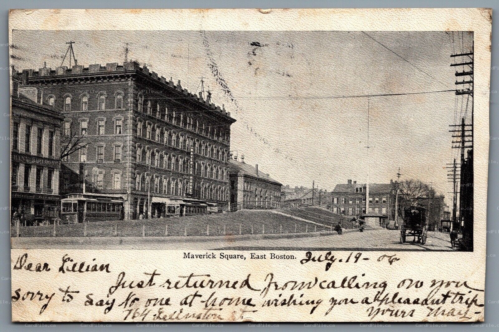 Postcard East Boston MA c1906 Maverick Square Trolley Cars Horse Carriage