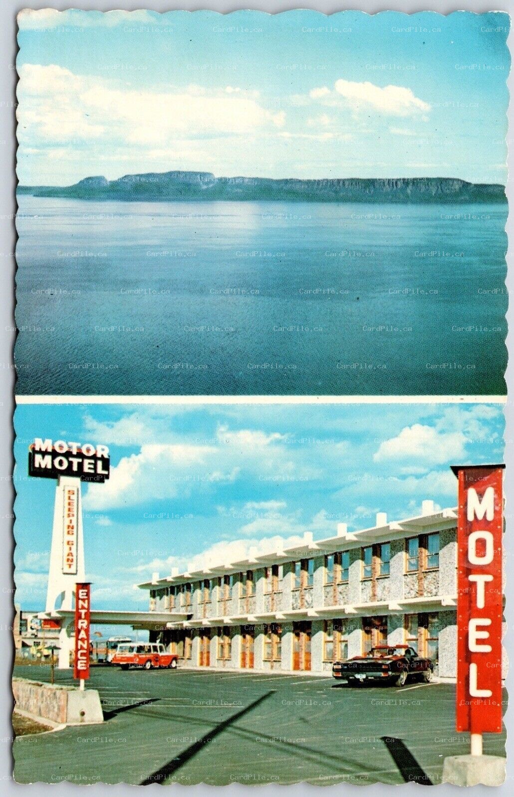 Postcard Port Arthur Ontario c1969 Sleeping Giant Motor Motel Old Cars Dual View