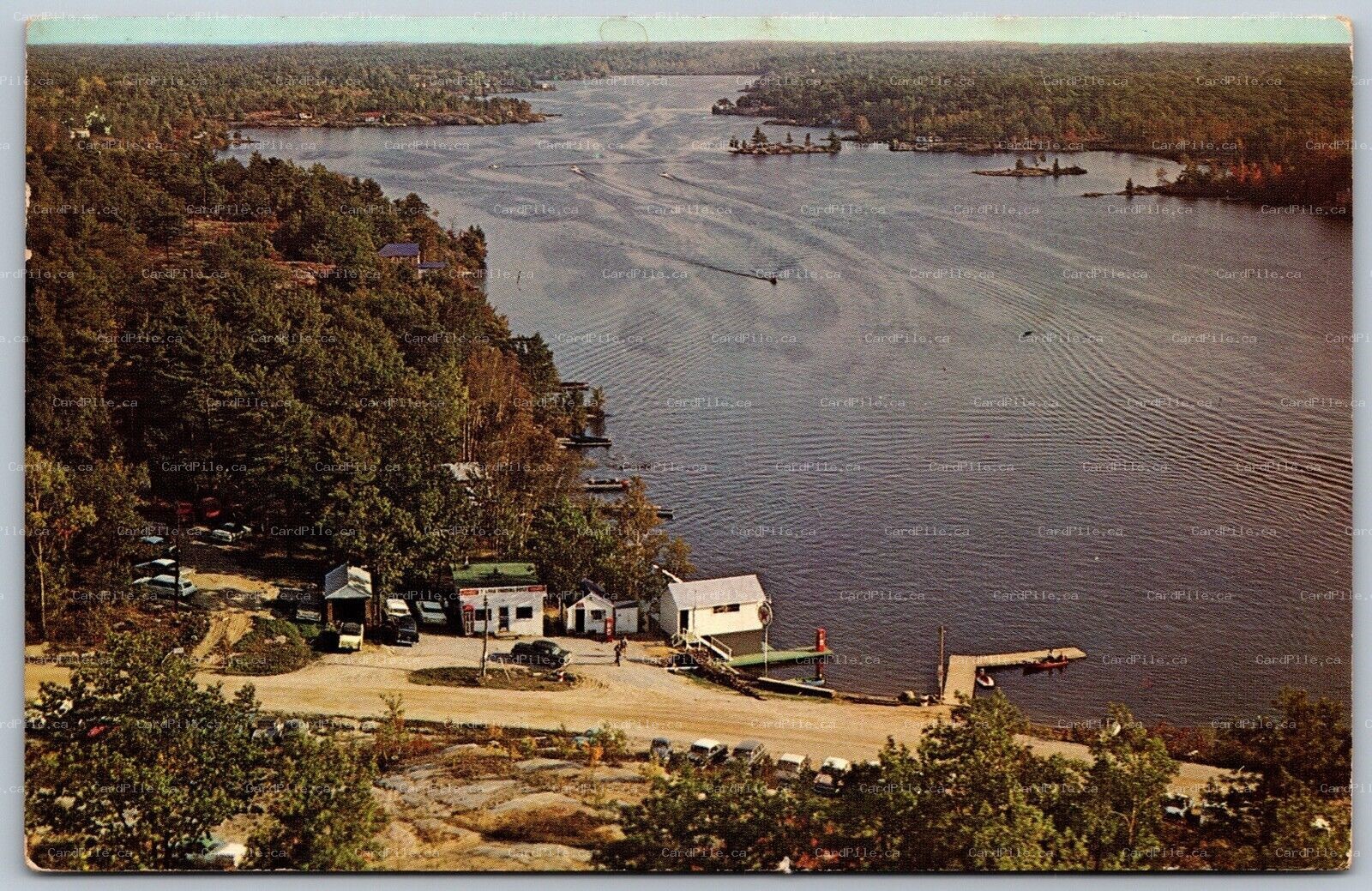 Postcard Algonquin Park Ontario 1968 Tea Lake Aerial View Texaco Marine Gas Pump