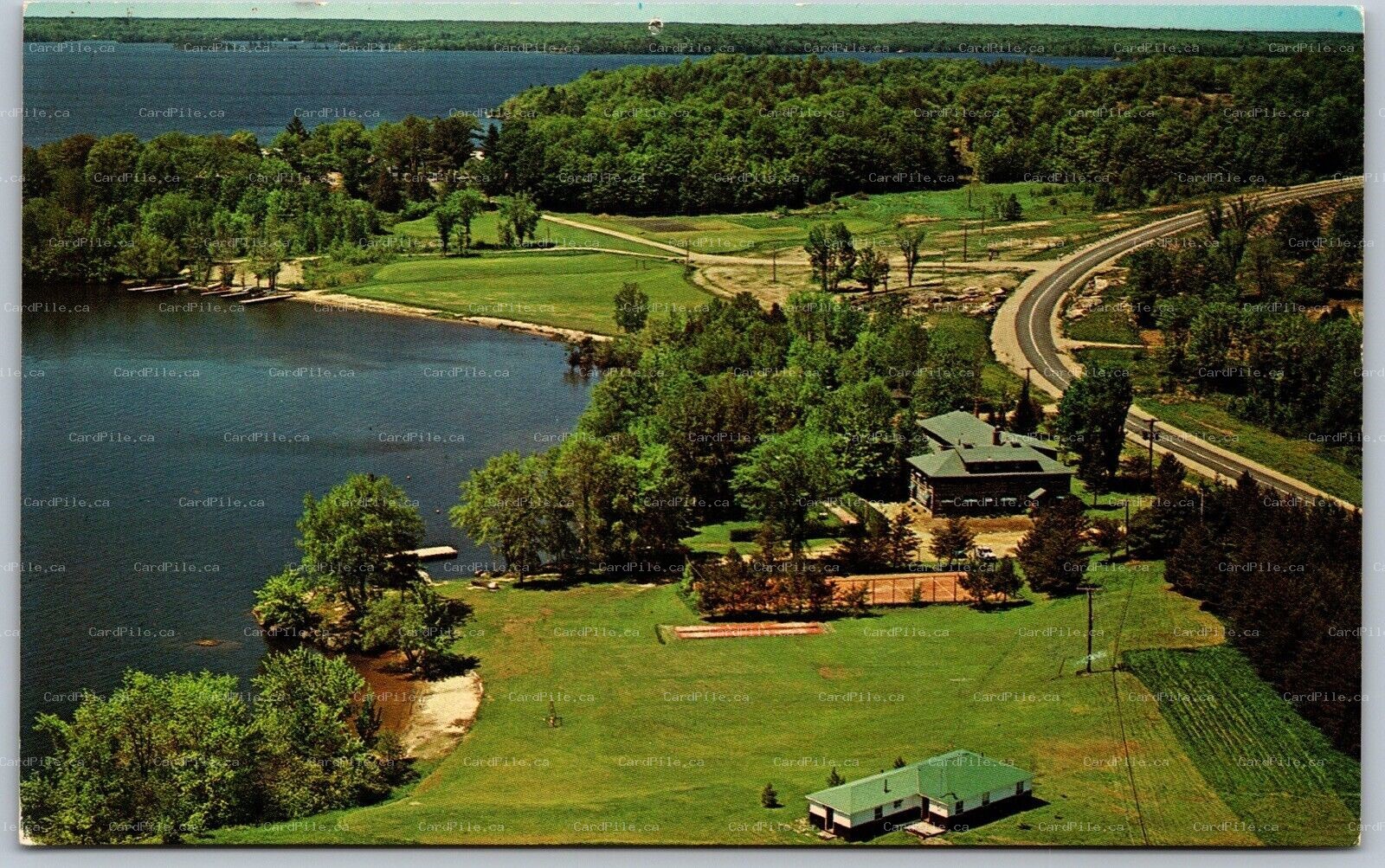 Postcard Bracebridge Ontario c1950s Tamwood Lodge Aerial View Beach Boating