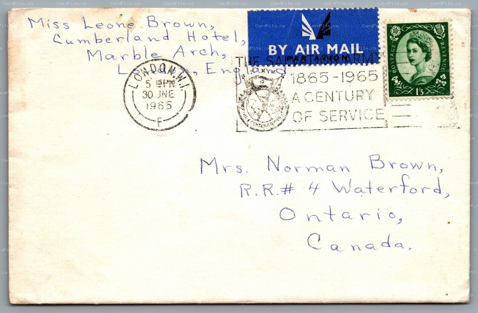 1965 Postal Cover Air Canada With Letter Flight 856 London to Waterford Ontario