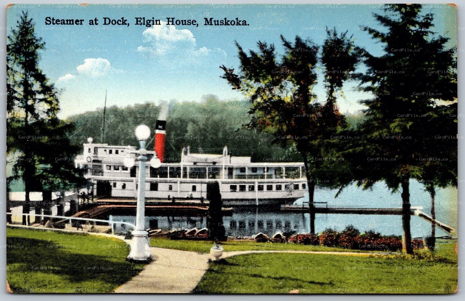 Postcard Muskoka Ontario c1920s Steamer at Dock Elgin House Demolished 1995