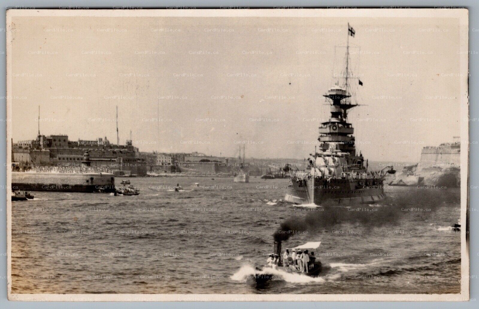 Postcard RPPC c1920s Malta HMS Barham? QE Battleship At Grand Harbour Sailors
