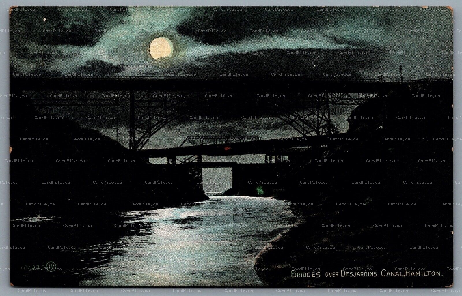 Postcard Hamilton Ontario c1908 Bridges Over Desjardins Canal Night View Moon