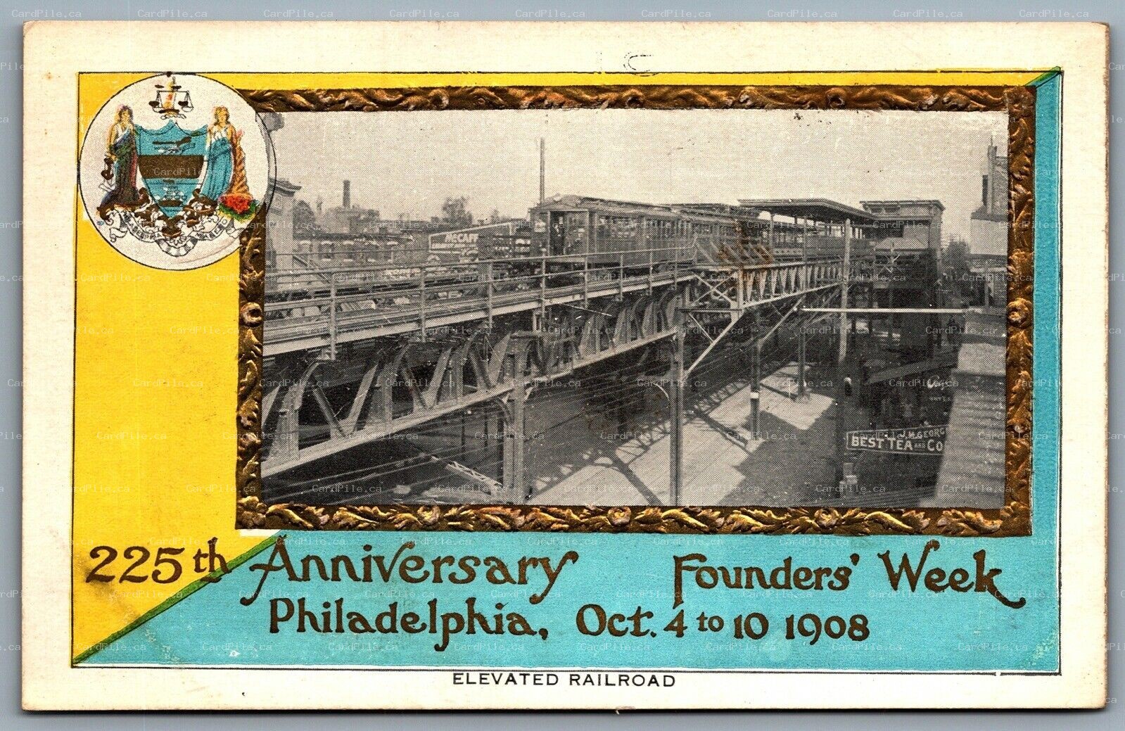 Postcard Philadelphia PA c1908 Elevated Railroad 225th Anniversary Founders Week