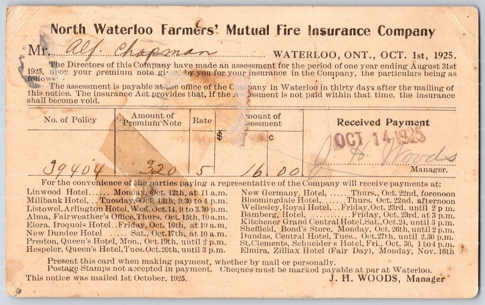 Postcard c1925 North Waterloo Farmers Mutual Insurance Company to Listowel ONT