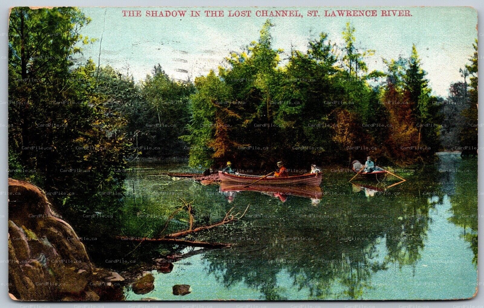 Postcard St. Lawrence River Ontario c1908 The Shadow In The Lost Channel Canoes