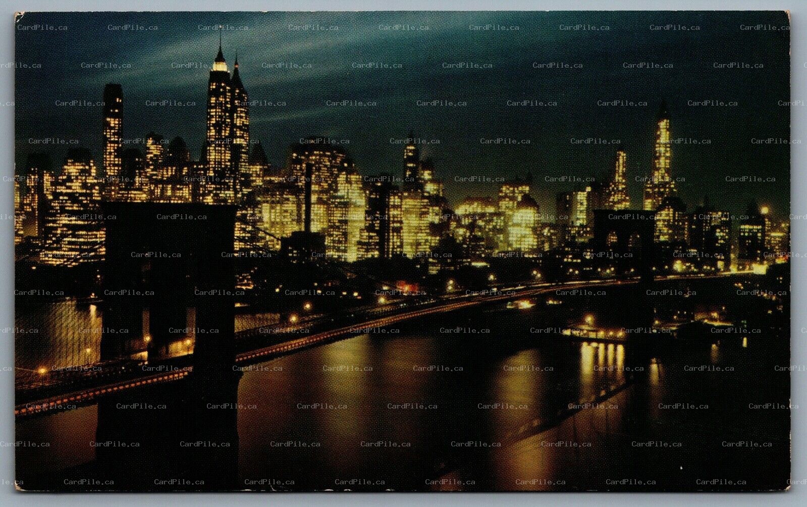Postcard New York City NY c1960s Brooklyn Bridge At Night East River