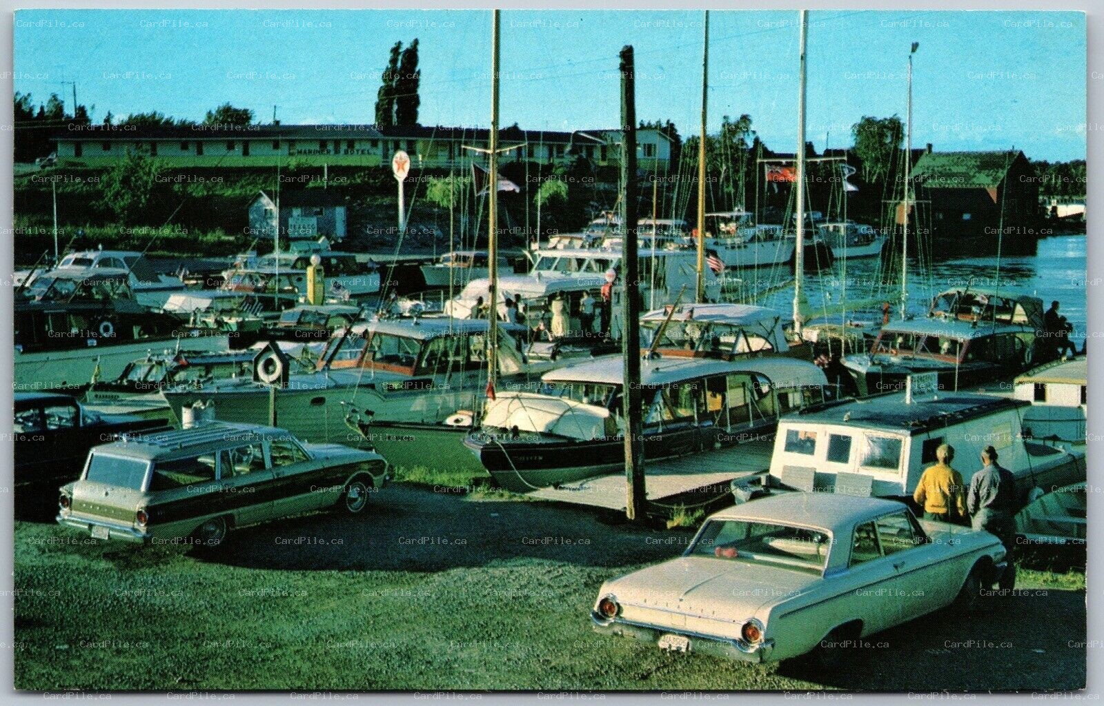 Postcard Tobermory Ontario c1960s Harbor & Docks Old Cars Woody Boats Bruce Co.