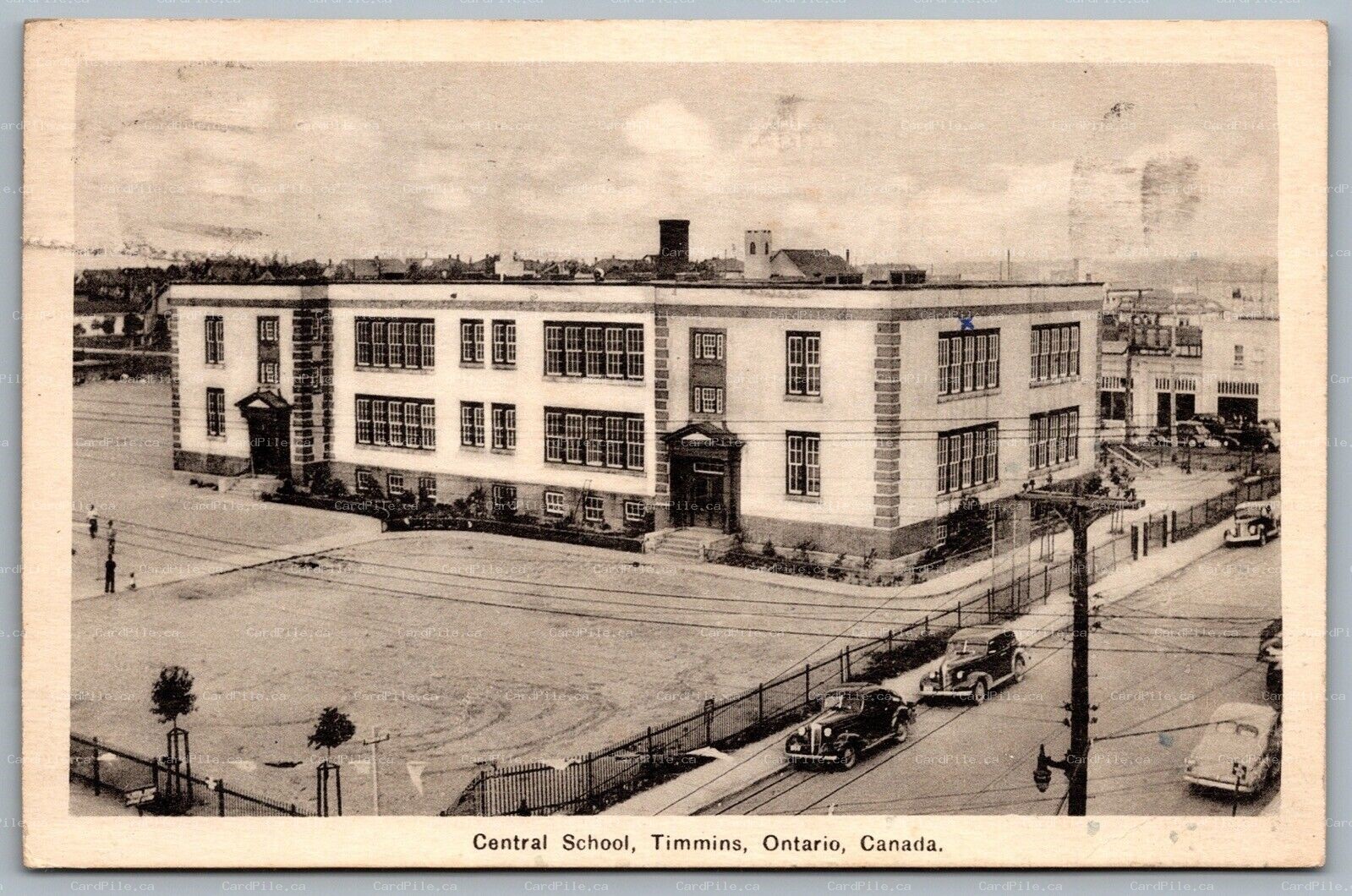 Postcard Timmins Ontario c1938 Central School Cochrane District Slogan Cancel