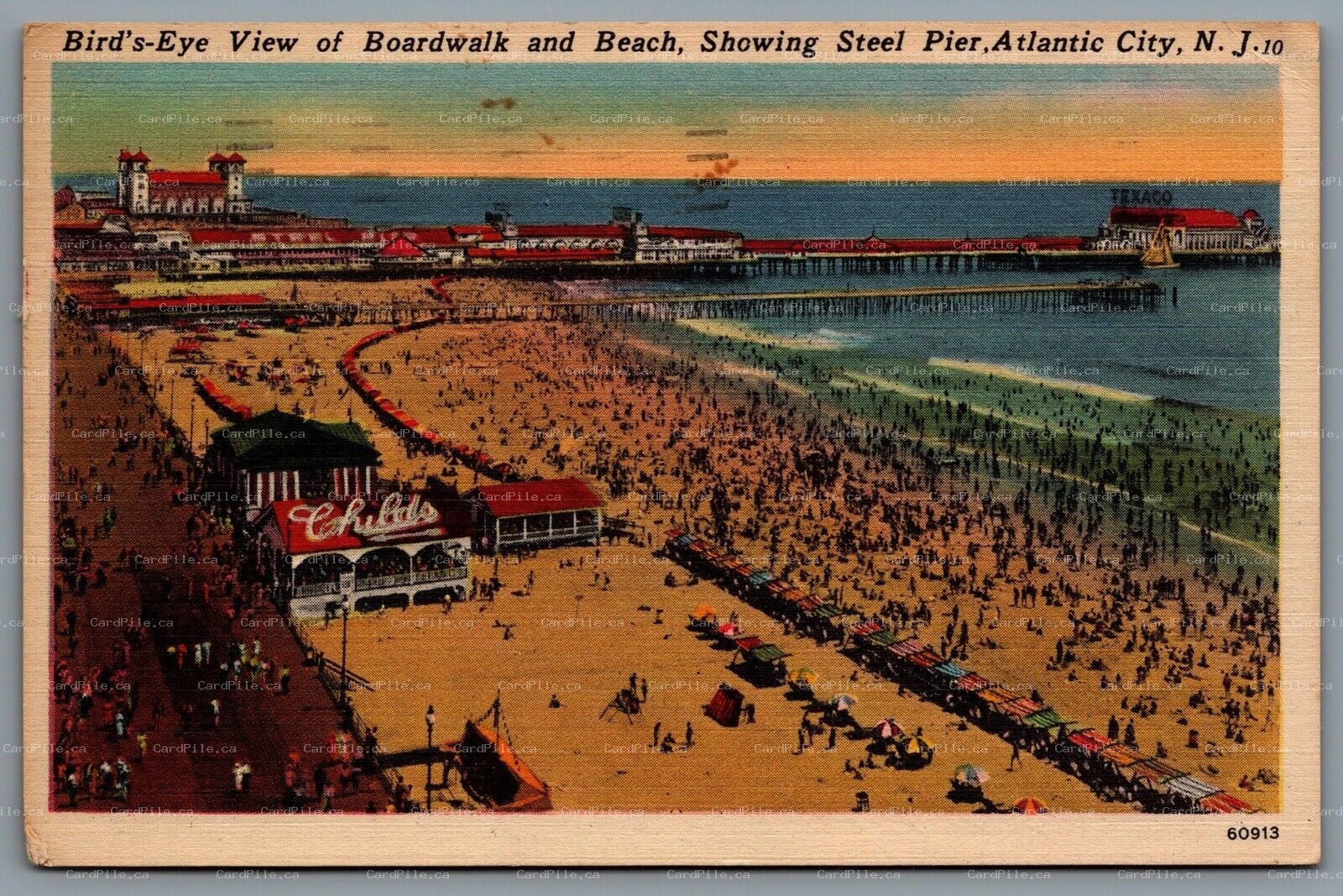 Postcard Atlantic City NJ c1955 Birds Eye View Boardwalk Beach Steel Pier Texaco