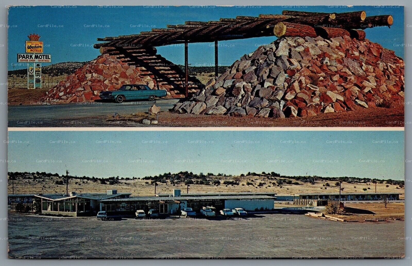 Postcard Dinosaur City AZ c1960s Park Motel Route 66 Coffee Shop Service Station